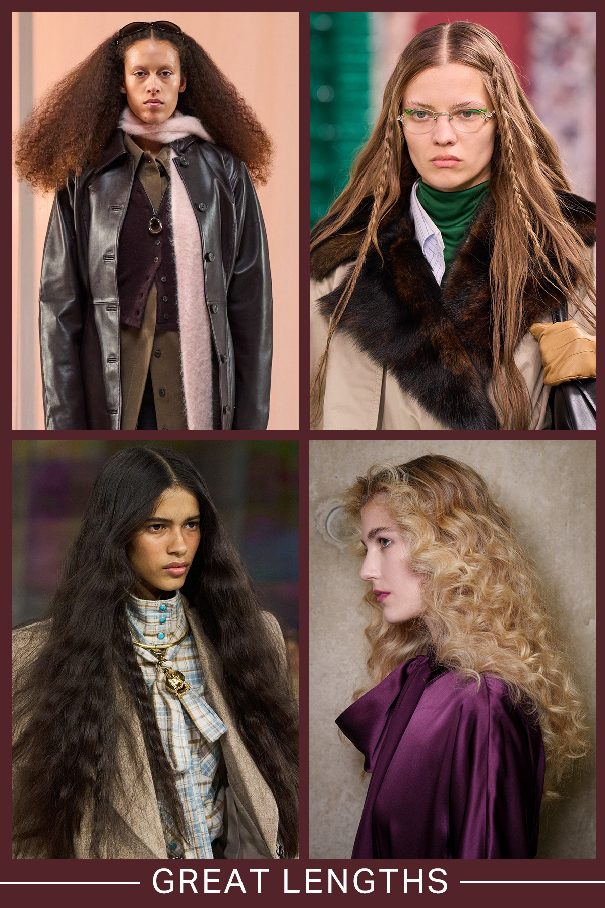 A collage of very long hair looks from the AW26 runways