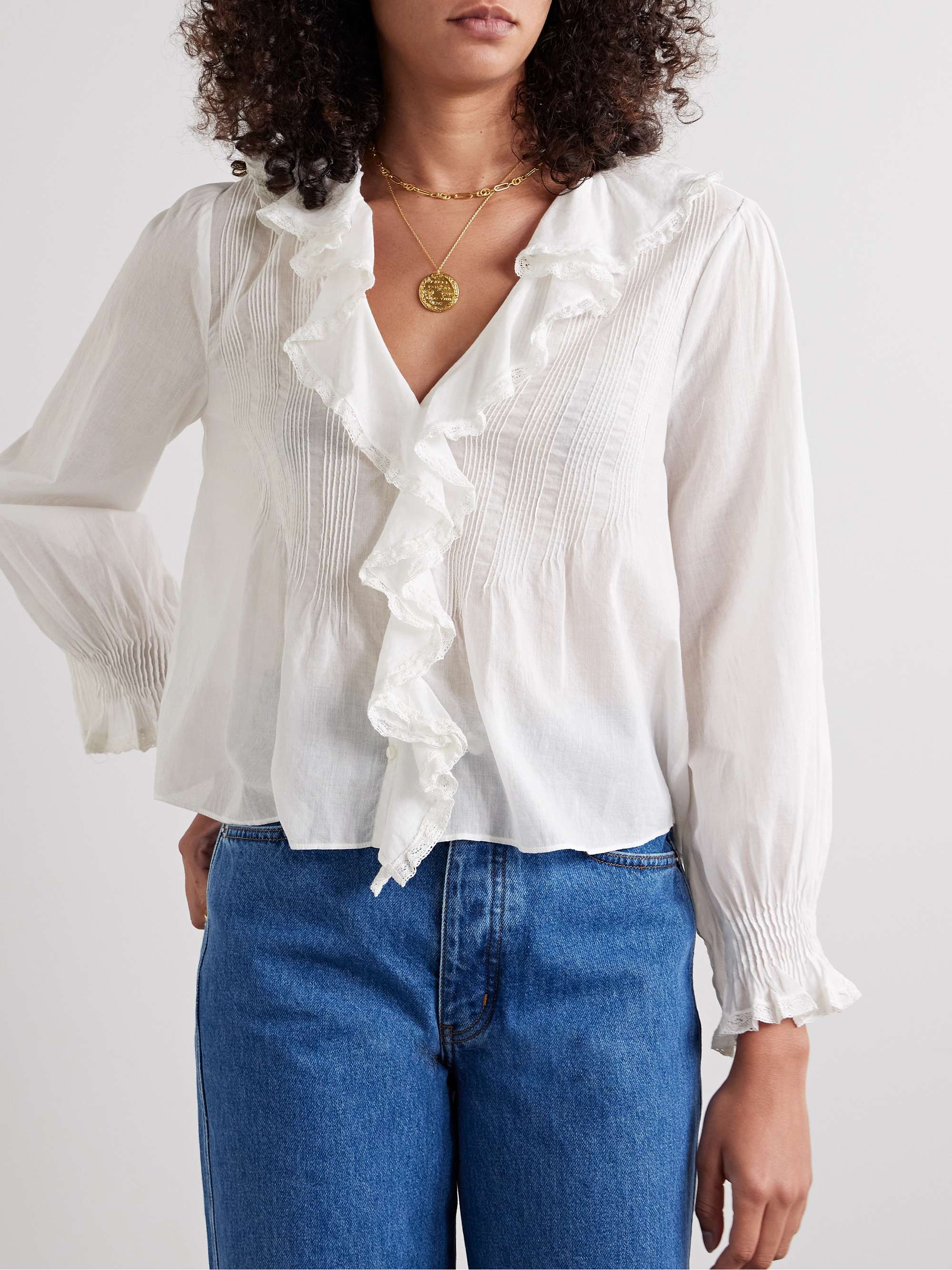 Hardy Lace-Trimmed Ruffled Pintucked Organic Cotton-Voile Blouse