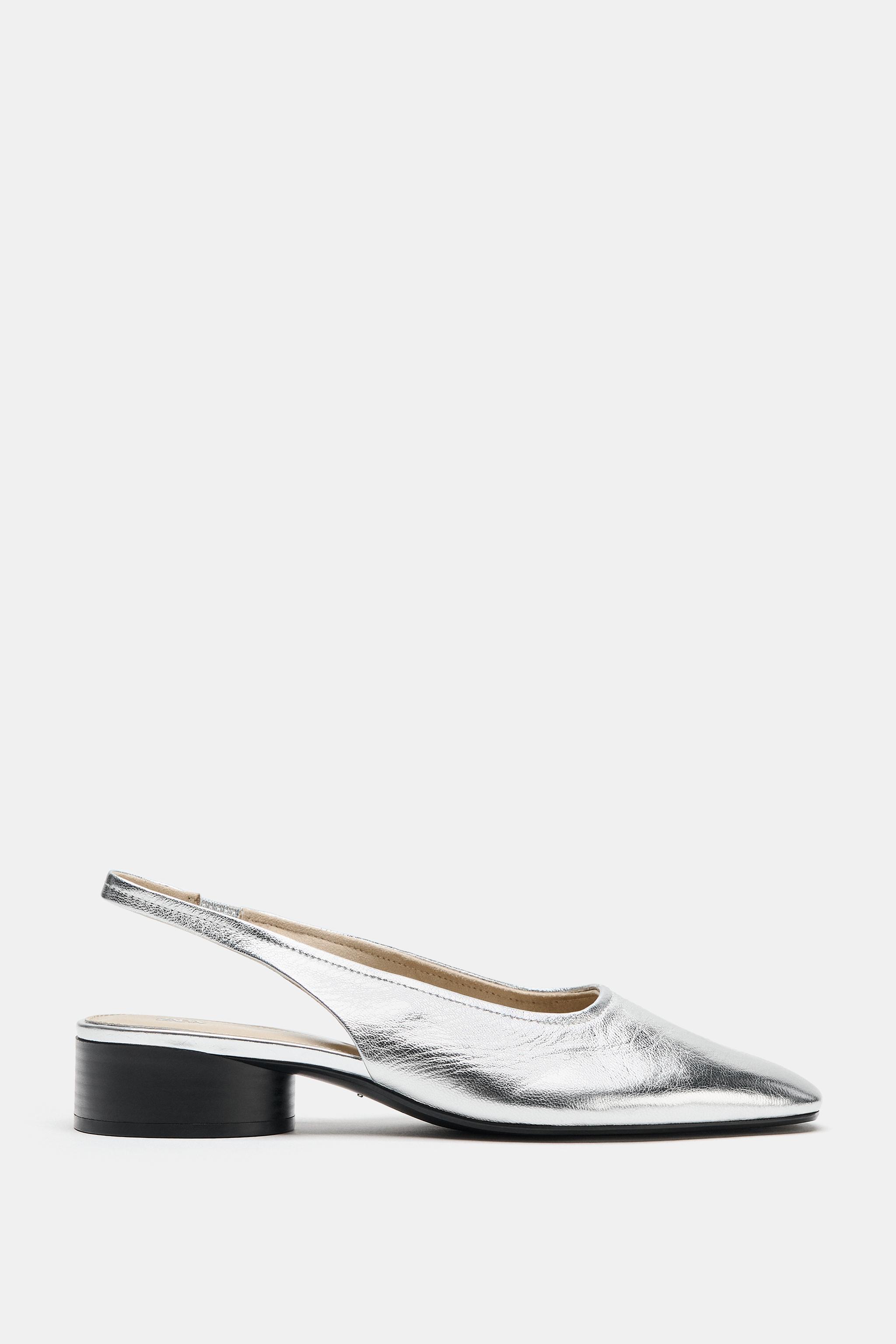 Metallic Leather Slingbacks - Silver - 5