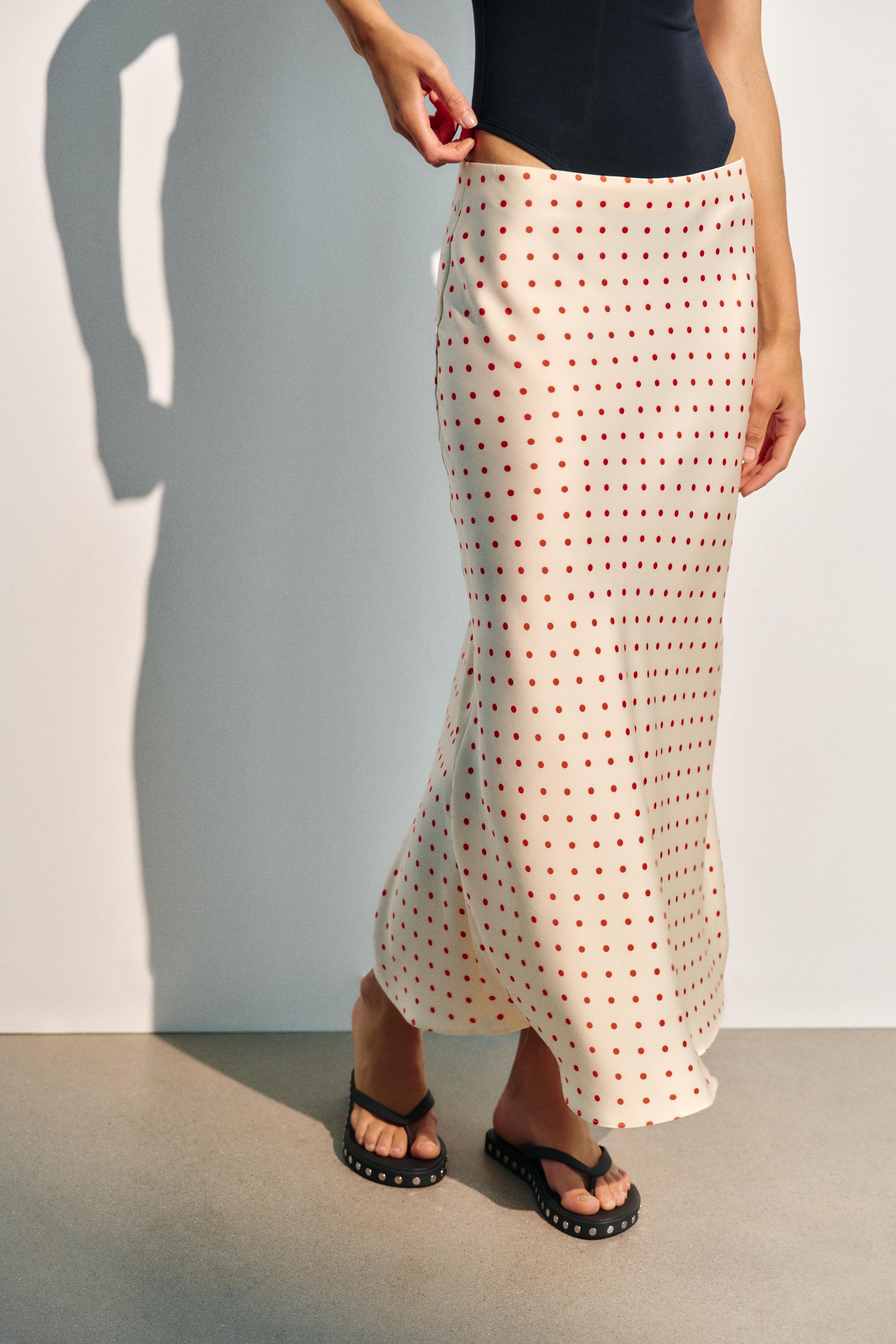 Polka Dot Satin Effect Midi Skirt - Ecru / Red - Xs