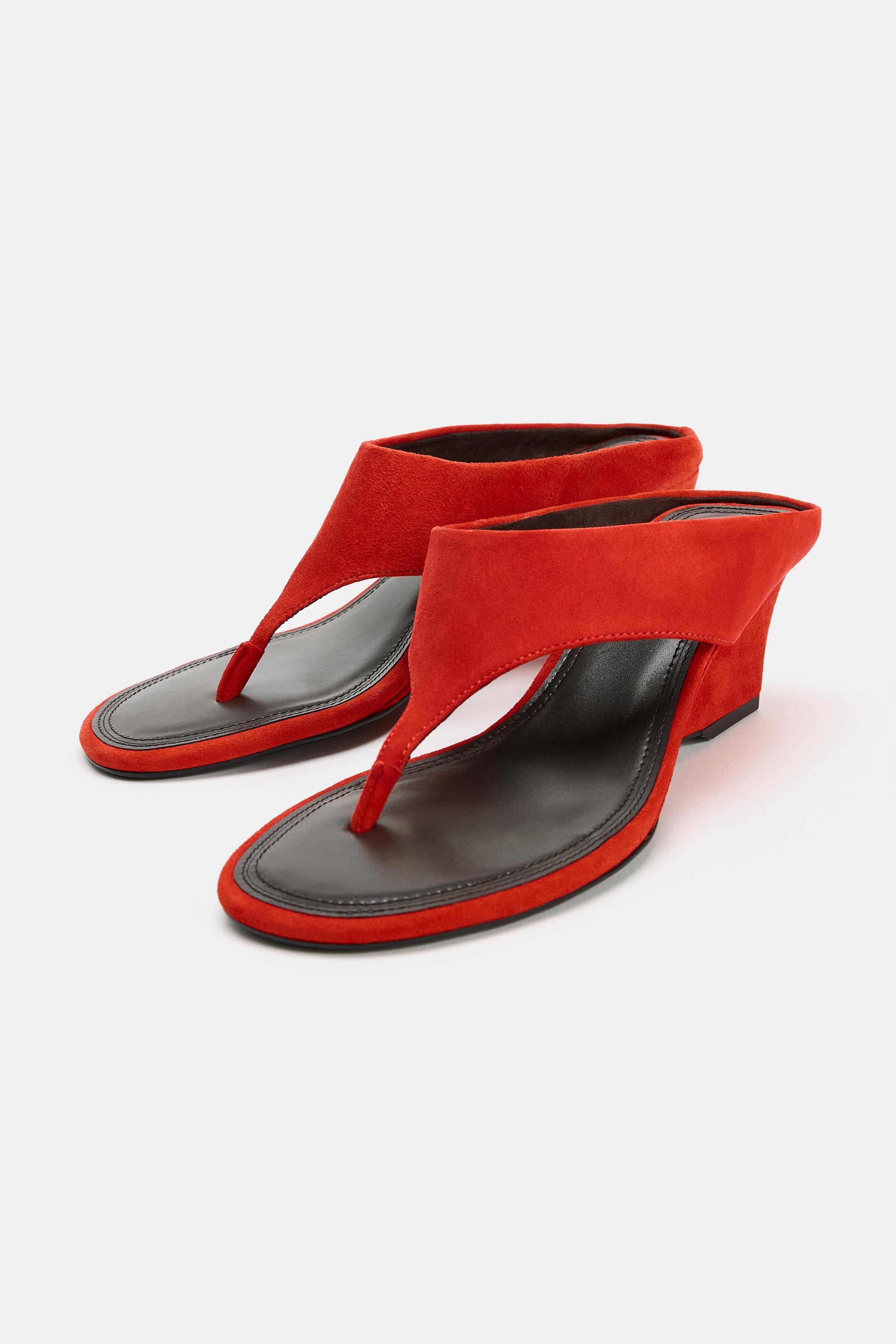 Leather Wedge Sandals - Red - 6