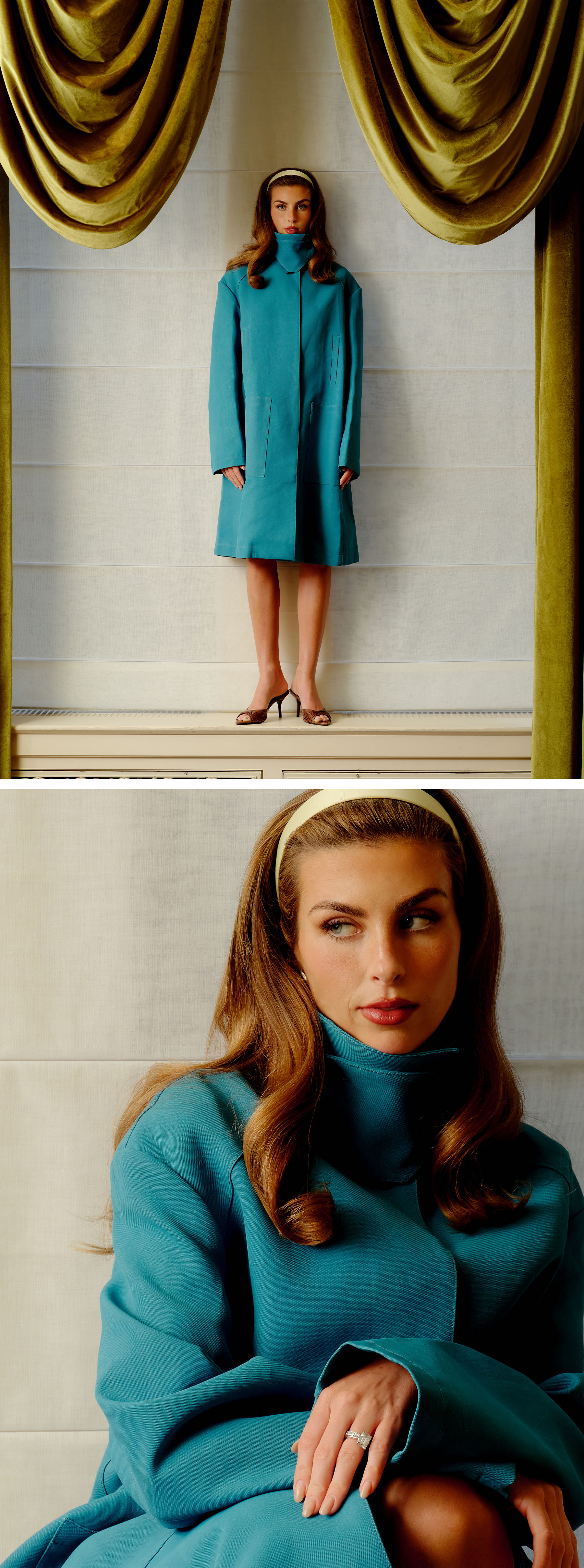 Paige Paul wearing a long blue coat.