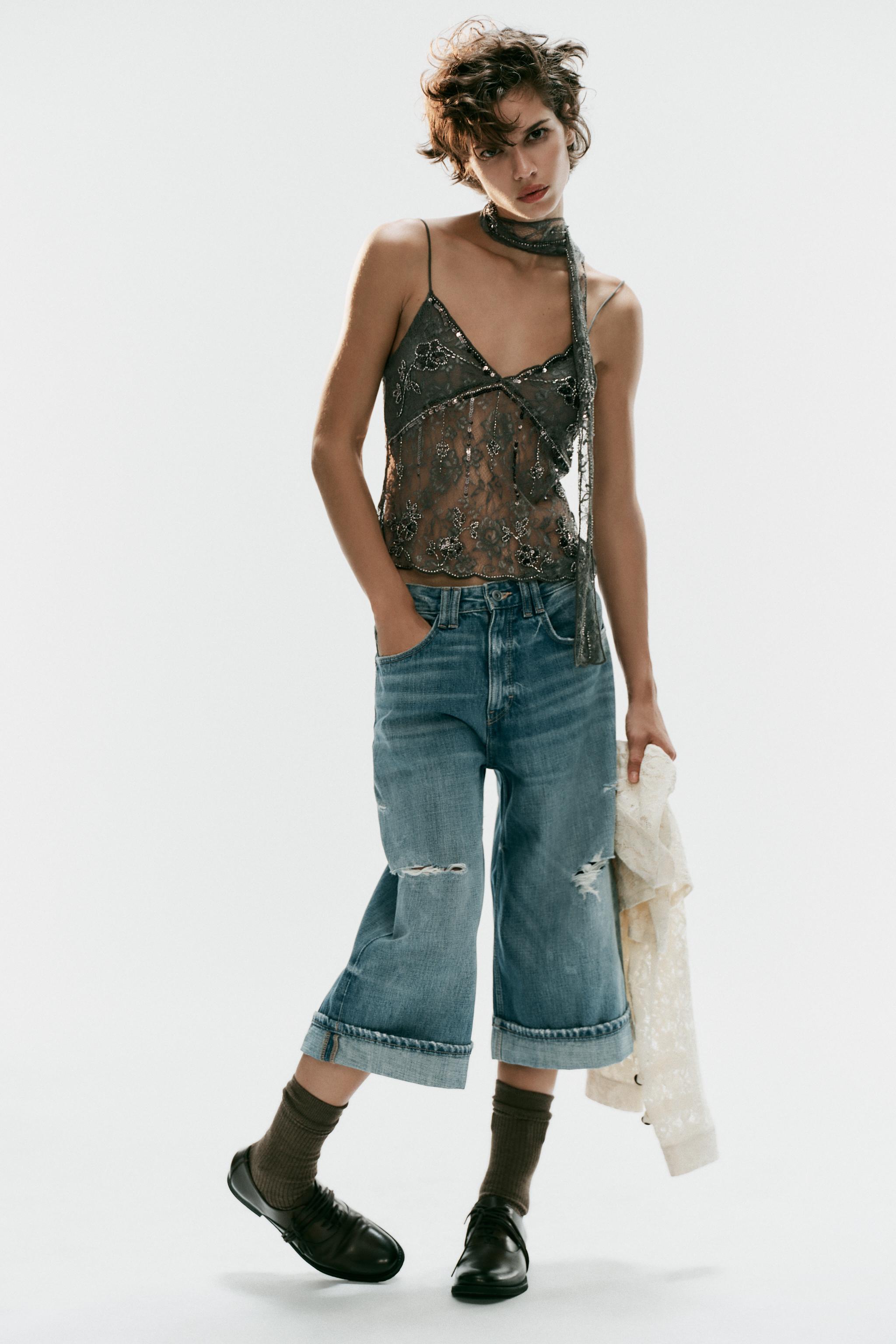 Embroidered Lace Top With Scarf - Gray - S