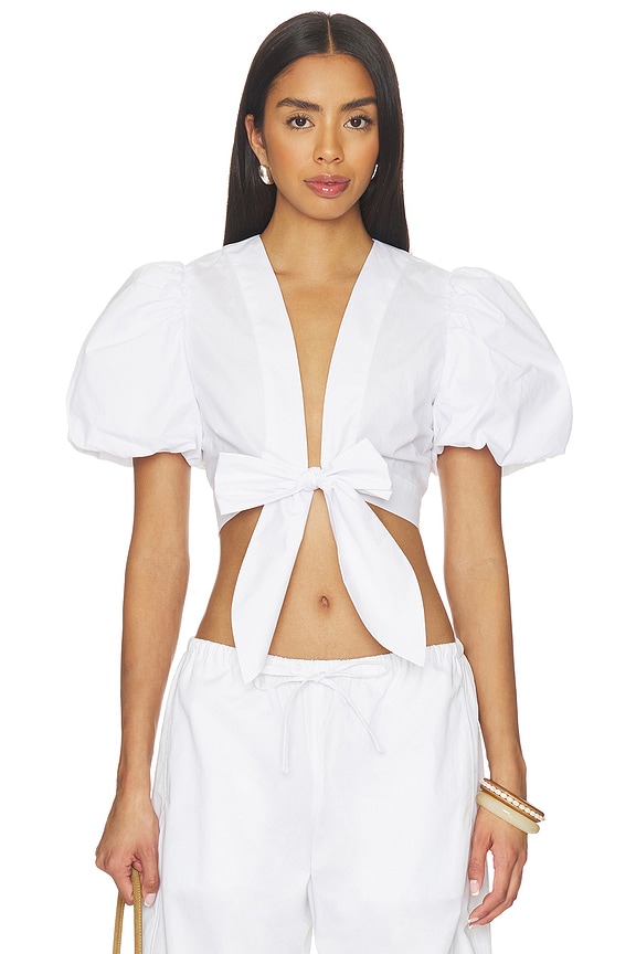 Poplin Bubble Sleeve Tie Front Top