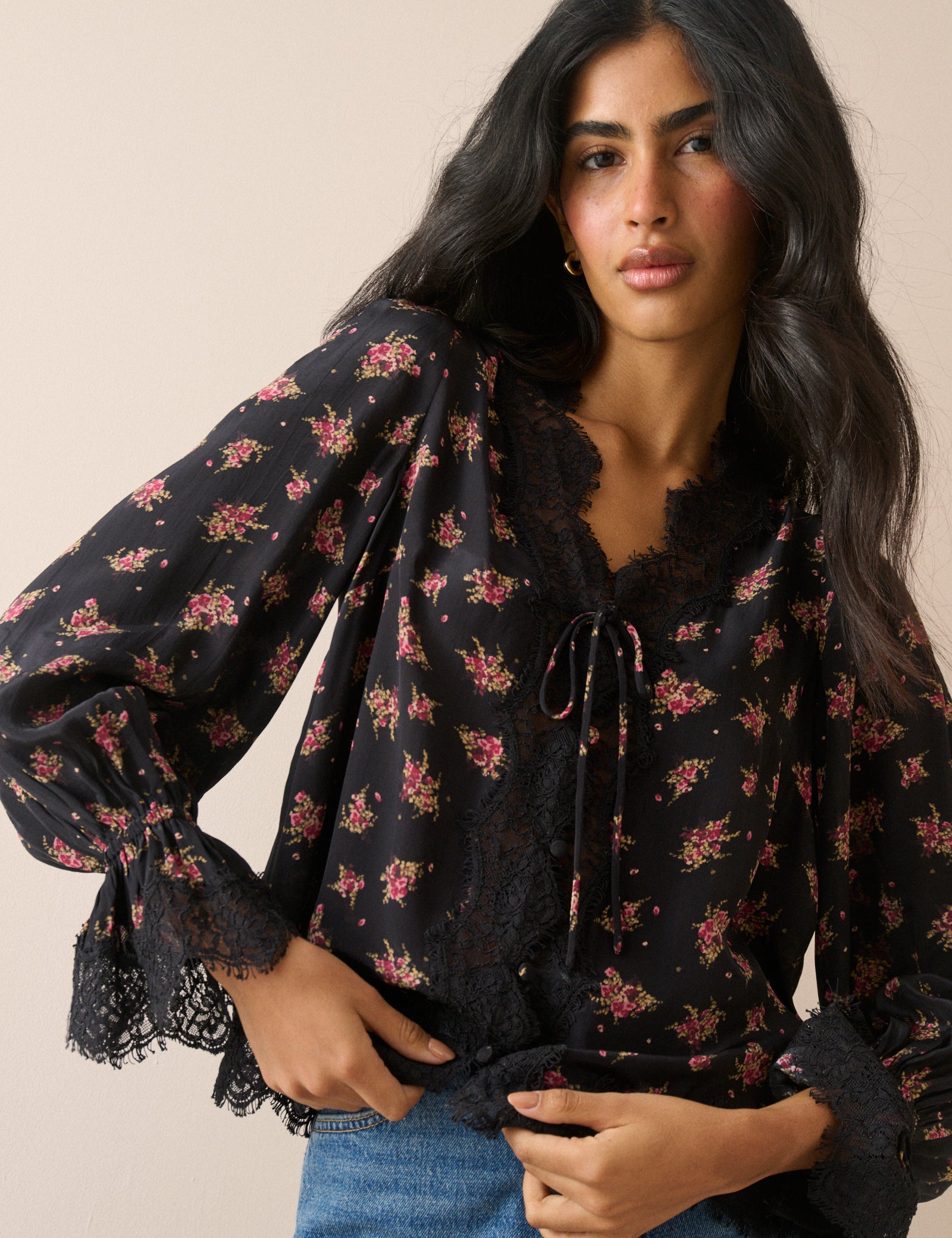Black Floral Lace Trim Satin Blouse