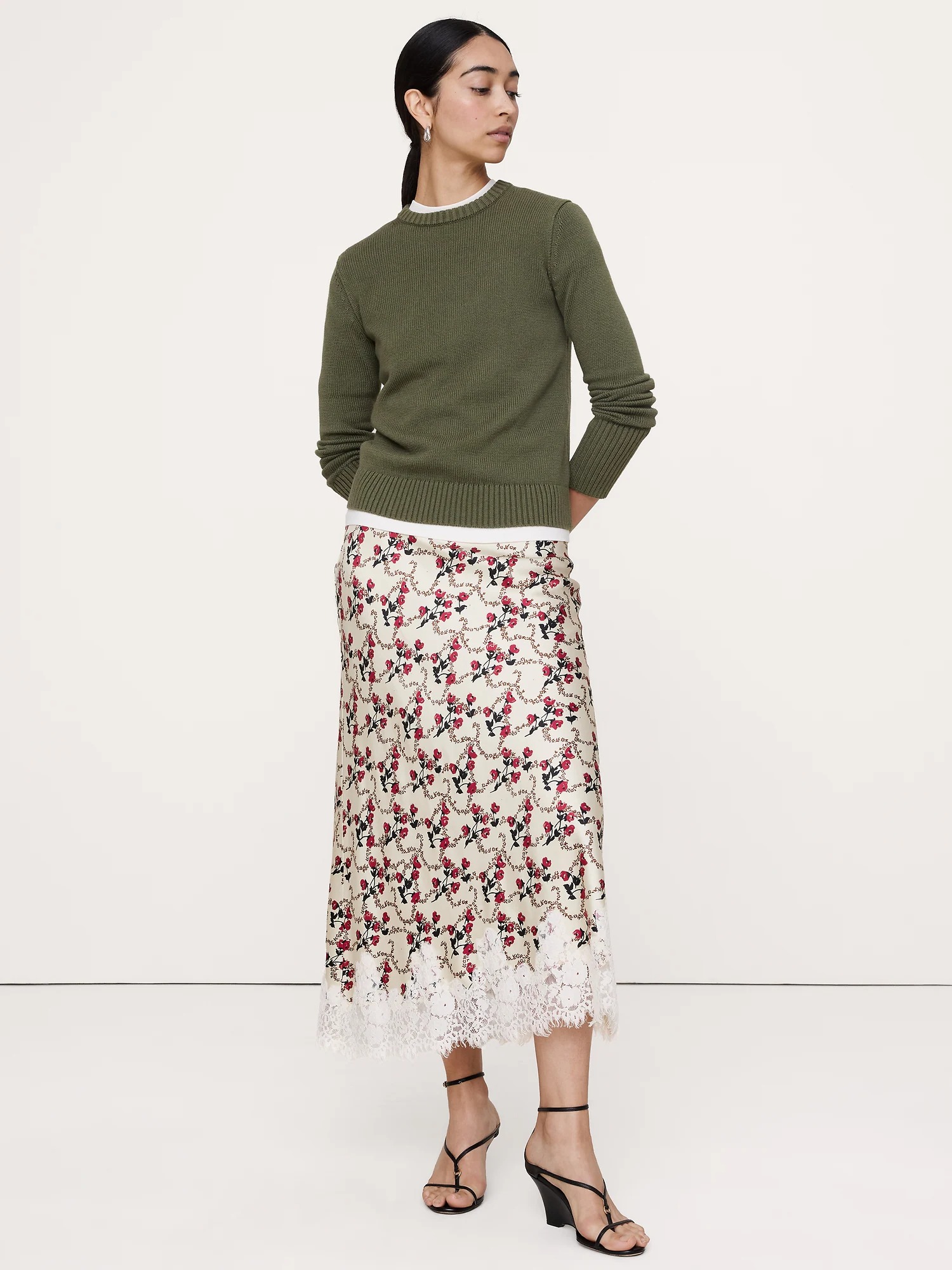 Banana Republic, Stretch-Satin Lace Trim Midi Skirt