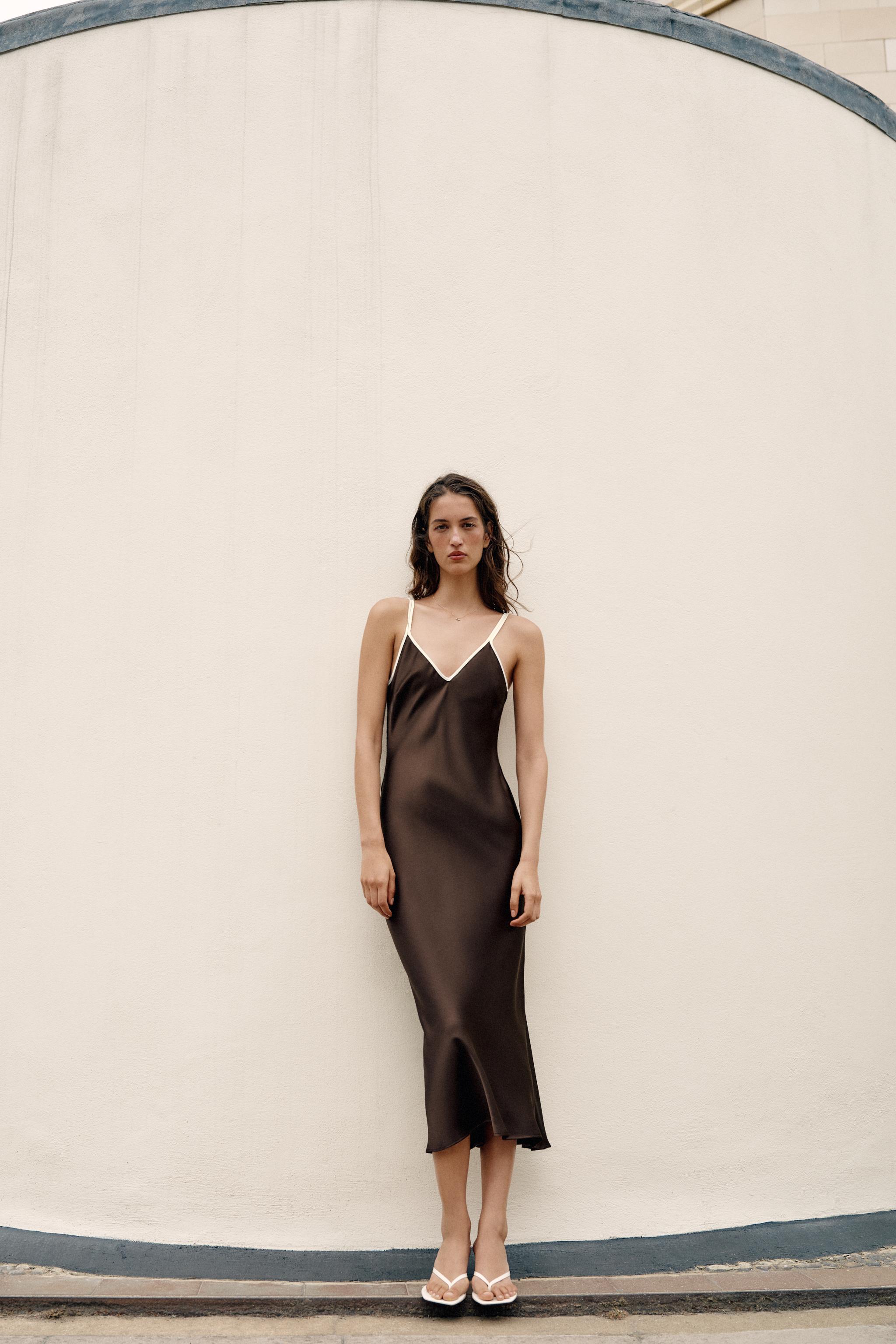 Contrast Trim Satin Midi Dress - Brown - Xs
