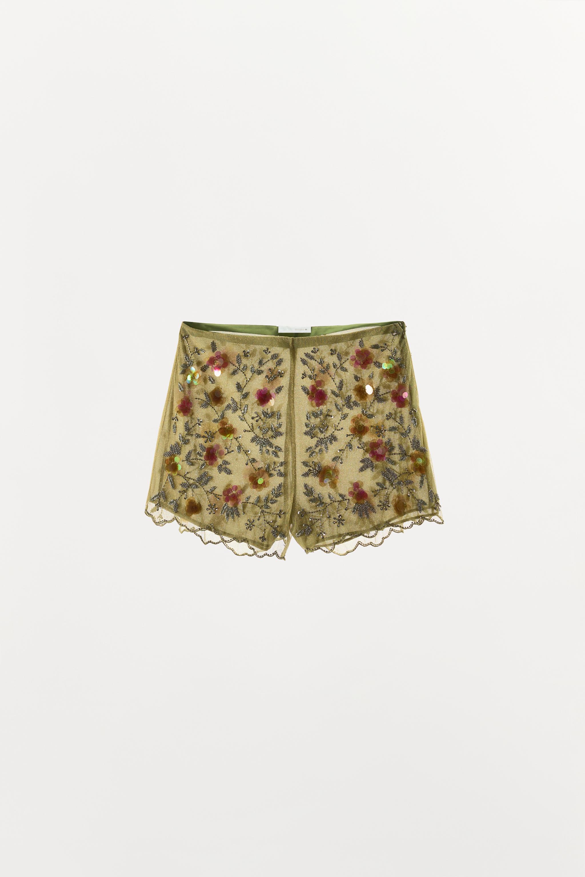 Floral Beaded Embroidered Shorts - Olive Green - Xs