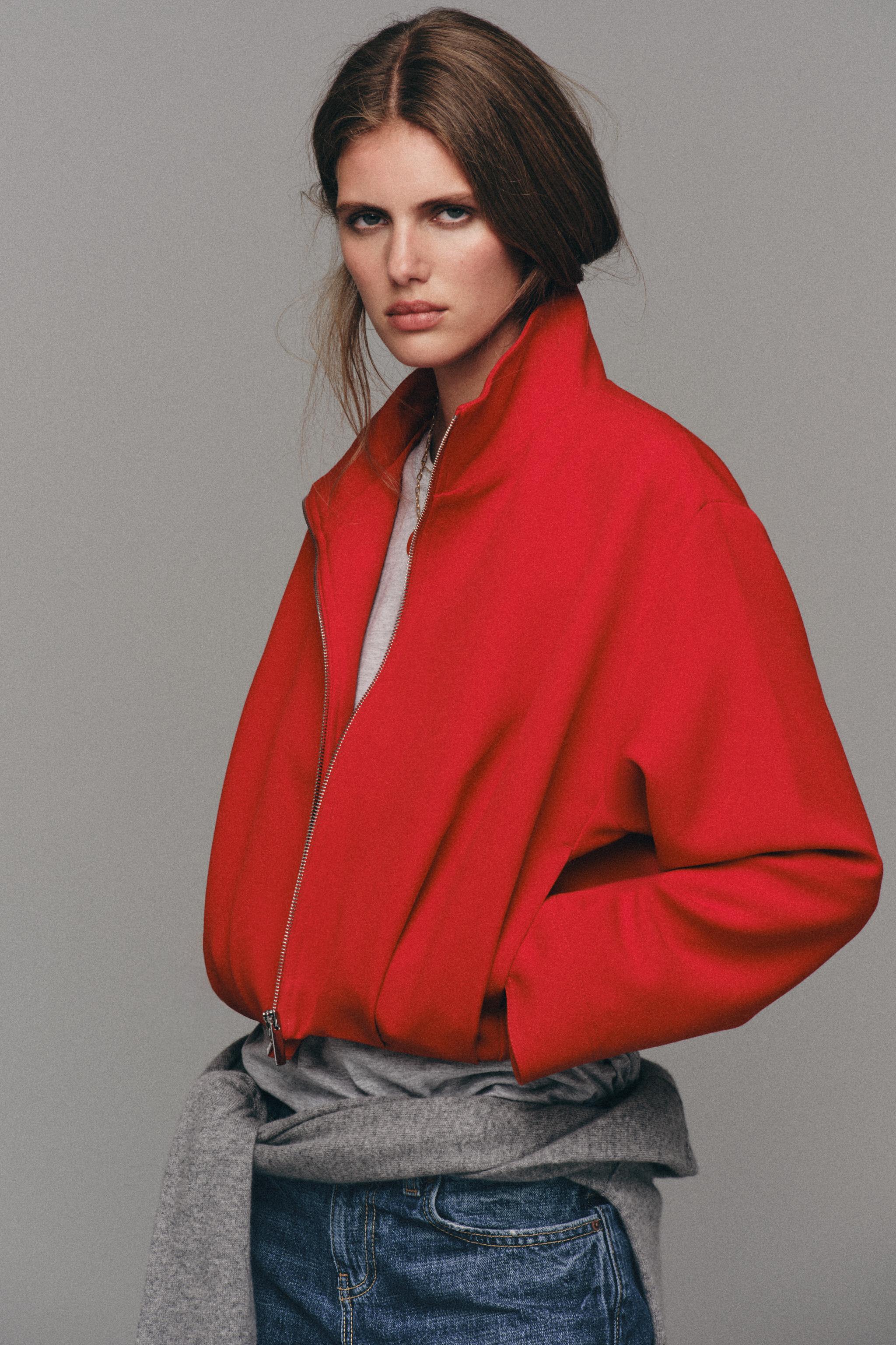 Stand-Up Collar Bomber Jacket - Red - Xs