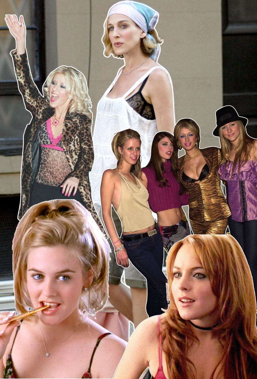Image of the exposed bra fashion trend in pop culture.