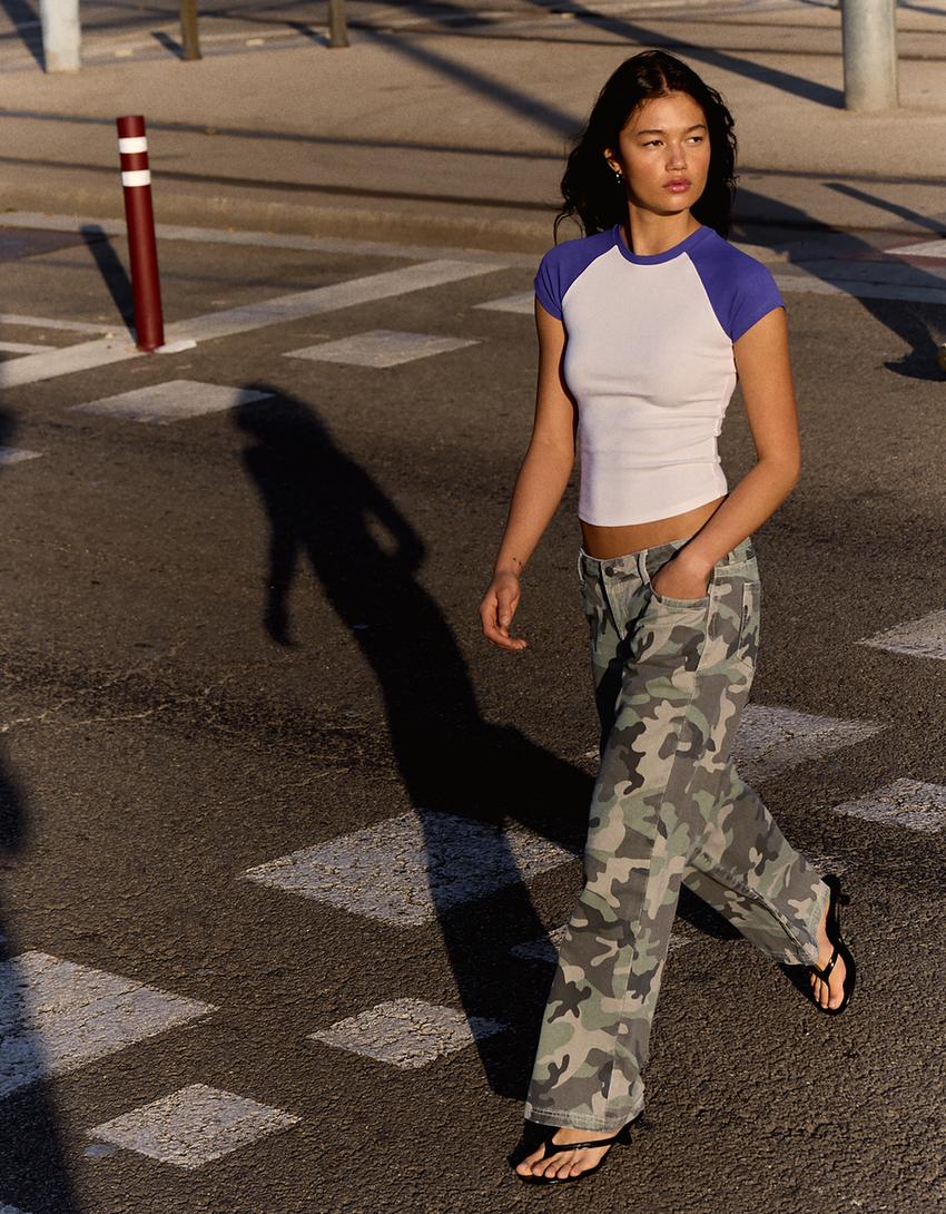 bershka, Printed Straight-Leg Trousers