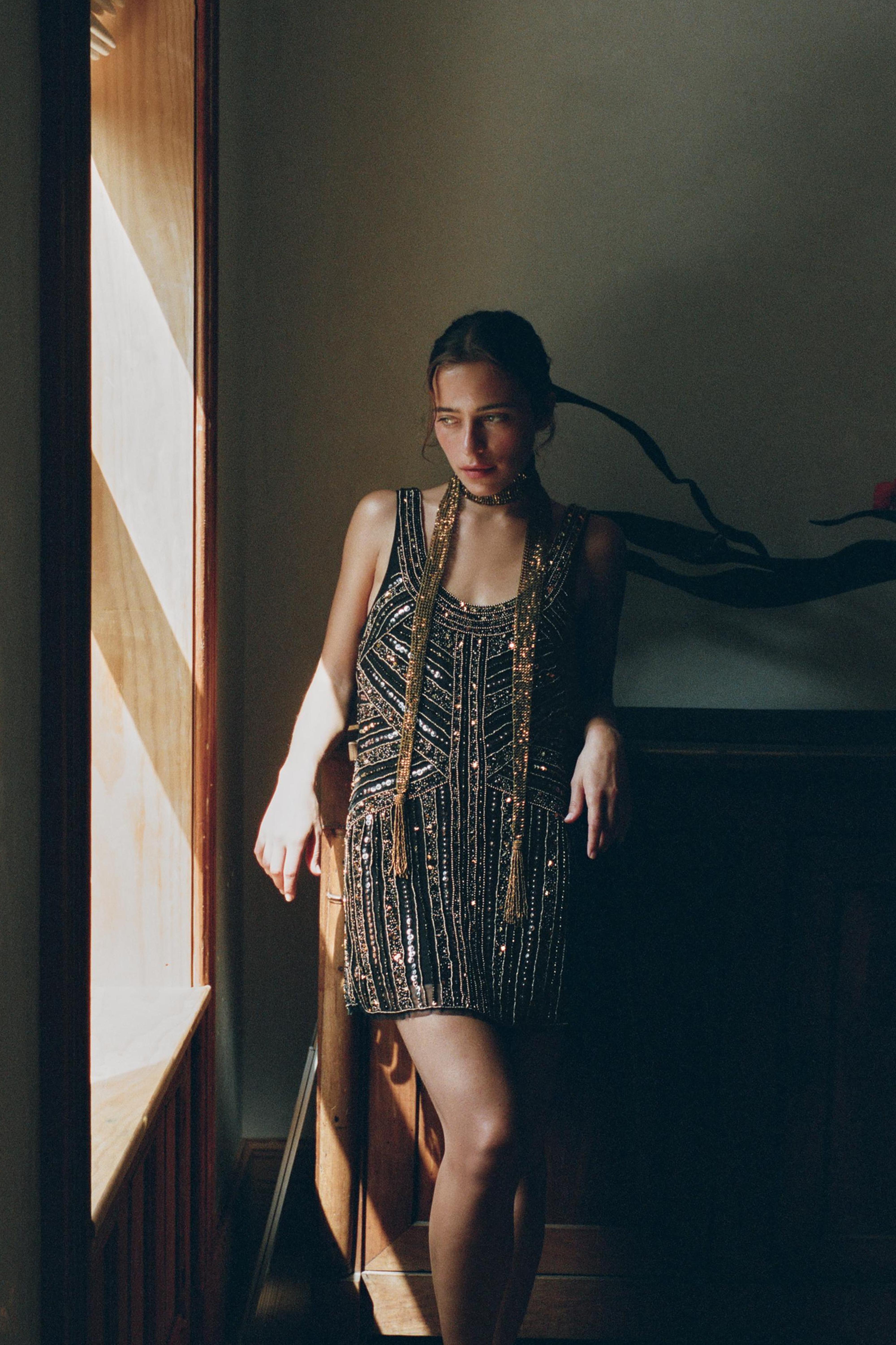 Beaded Mini Dress - Black - S