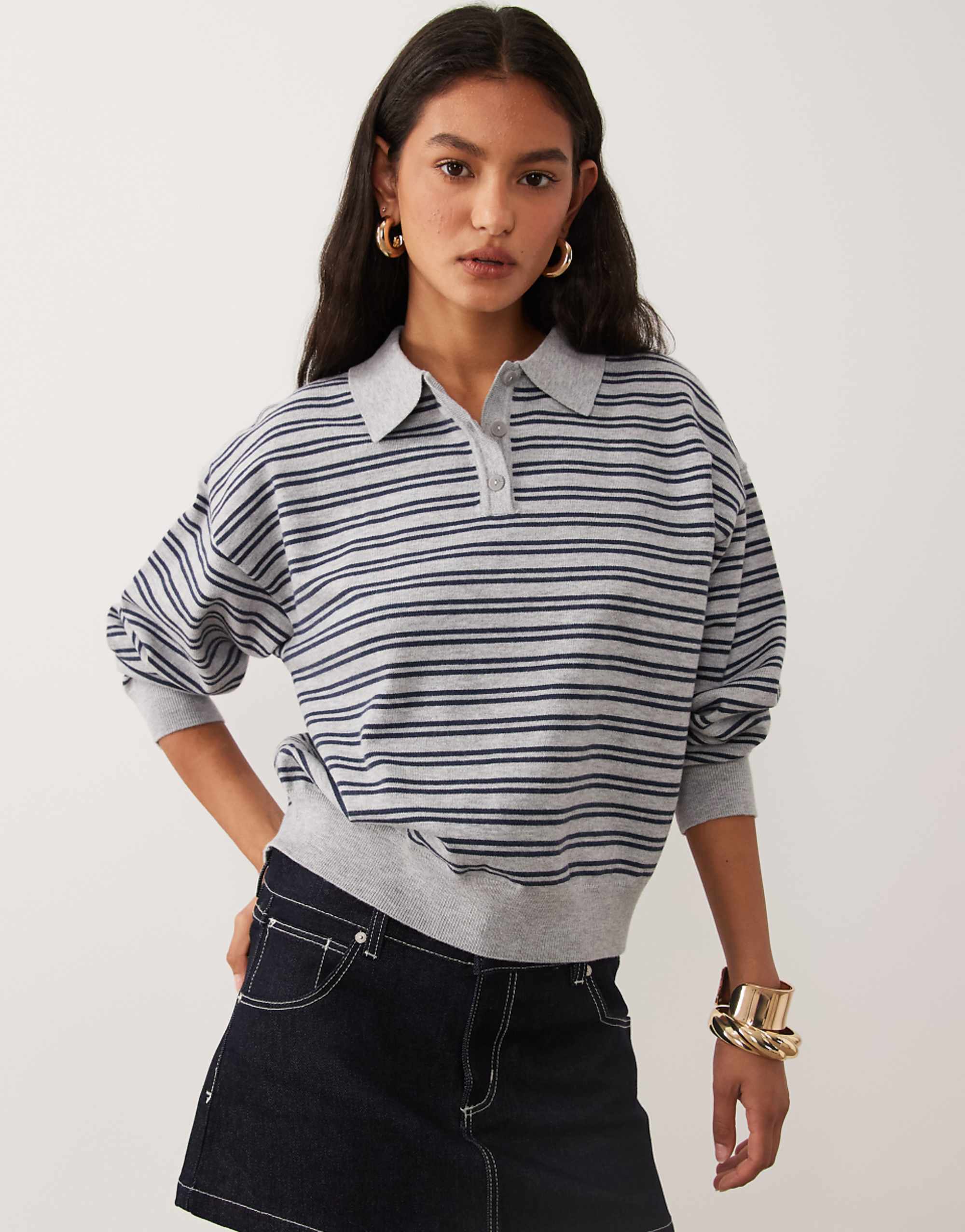 Cotton on Boxy Long Sleeve Polo Knit Top in Multi Stripe