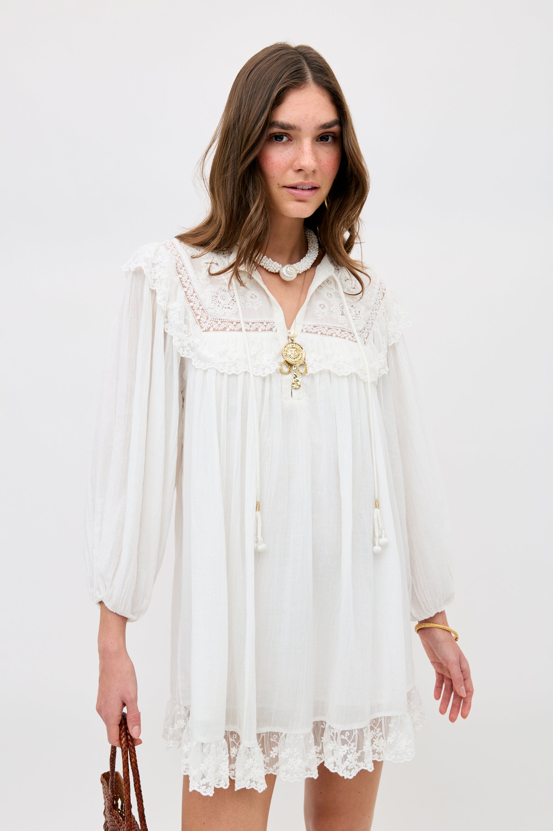 Inez Cotton Mini Dress in White Lilly Embroidery Ivory