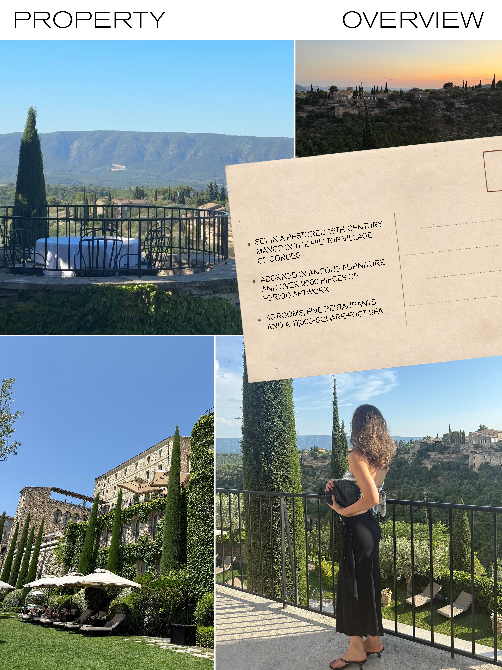 Collage from Jamie Chevron's stay at Airelles Gordes, La Bastide.