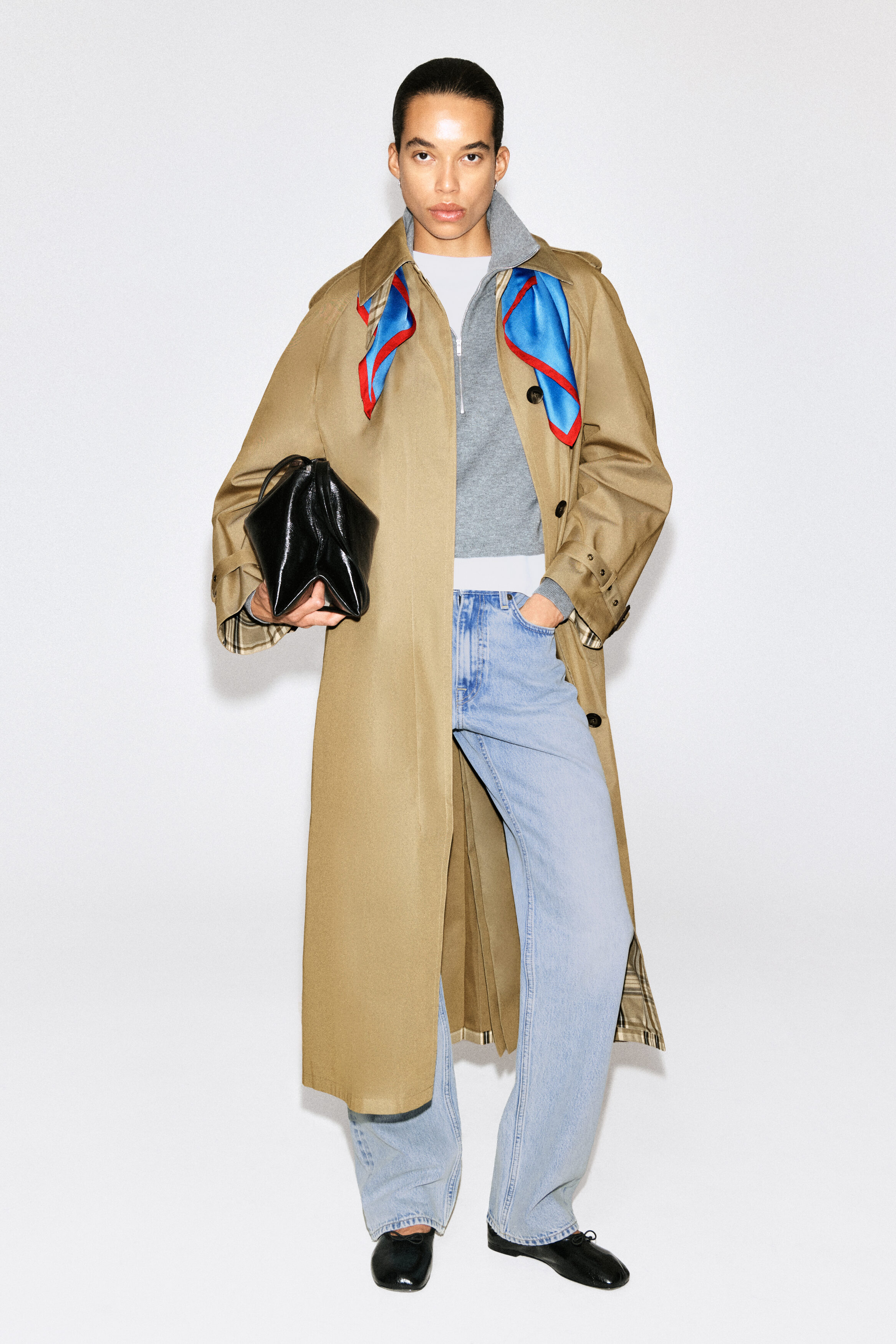 Check-Detail Belted Cotton Trench Coat
