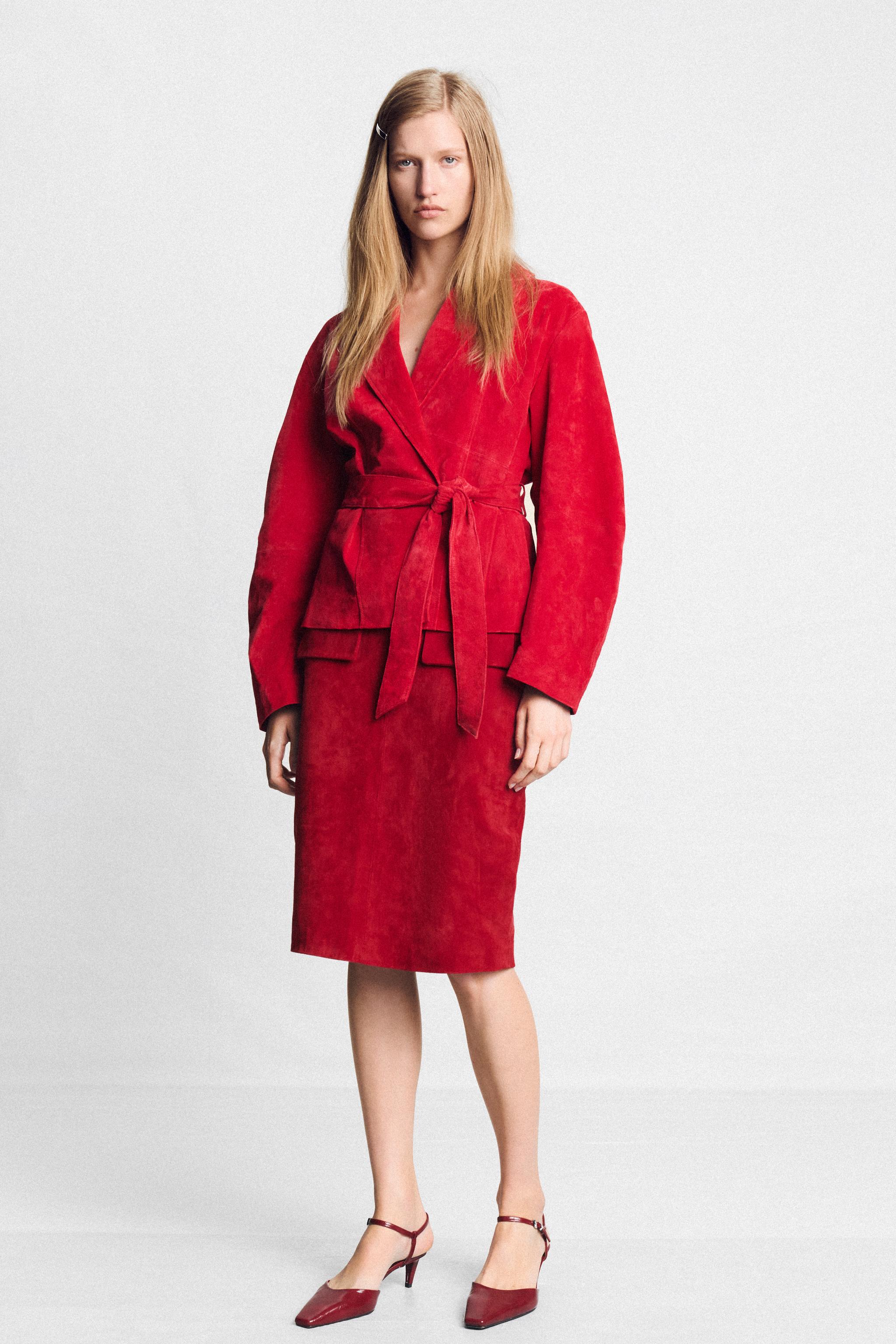 100% Leather Belted Jacket - Intense Red - Xs