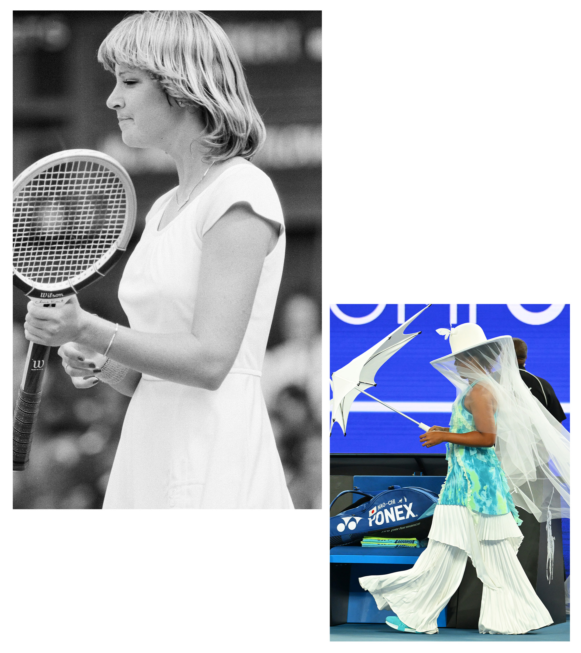 Naomi Osaka at the 2026 Australian Open and Chris Evert at Wimbledon 1978.