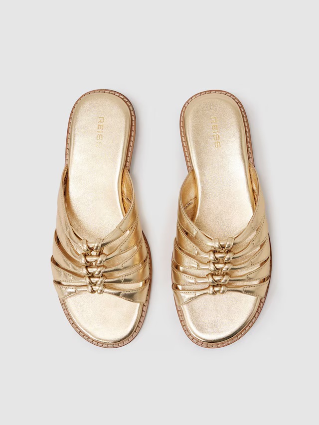 Reiss, Leather Metallic Knotted Flat Sandals in Gold