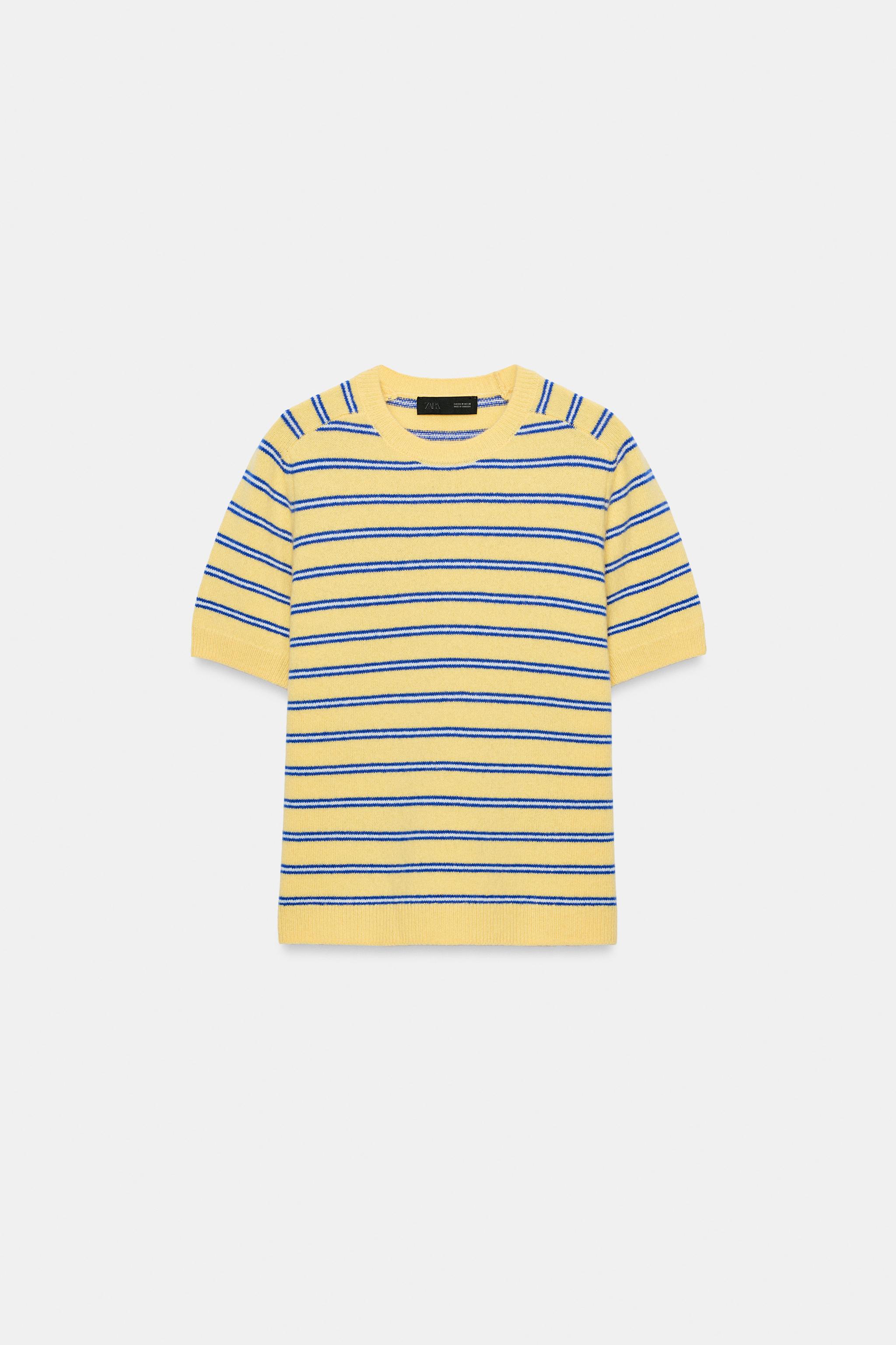 Striped 100% Wool Short Sleeve Jumper - Yellow - S