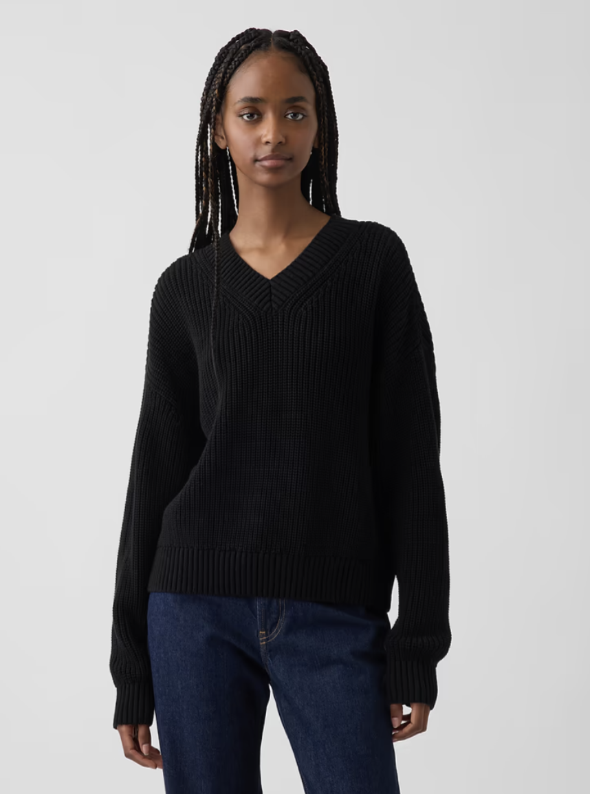 Gap, 100% Cotton Oversized Shaker V-Neck Sweater
