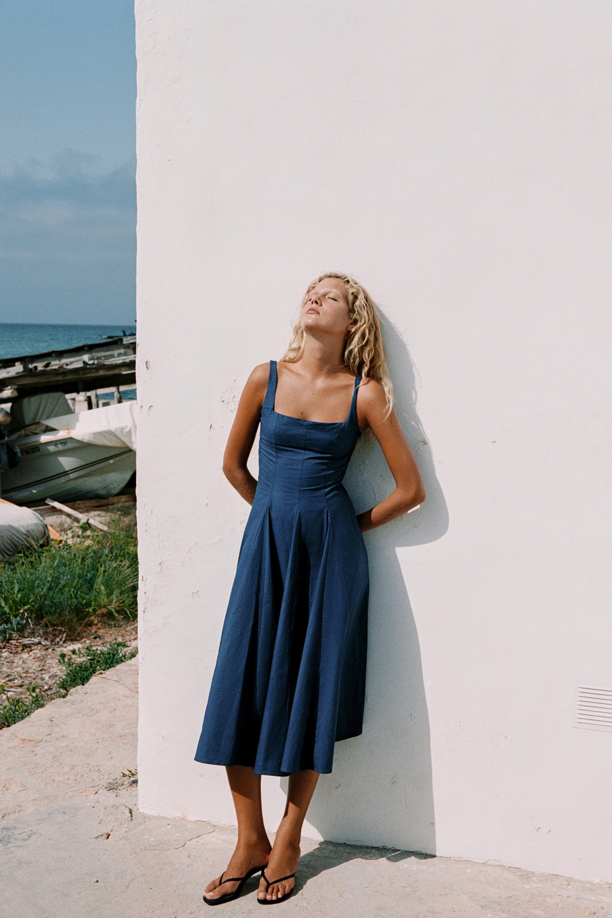 Popelin Godet Midi Dress - Navy Blue - Xs