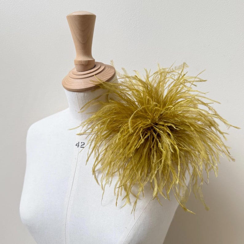 Gold Chartreuse Large Ostrich Feather Brooch, Handmade Corsage Pin Appliqu&eacute;