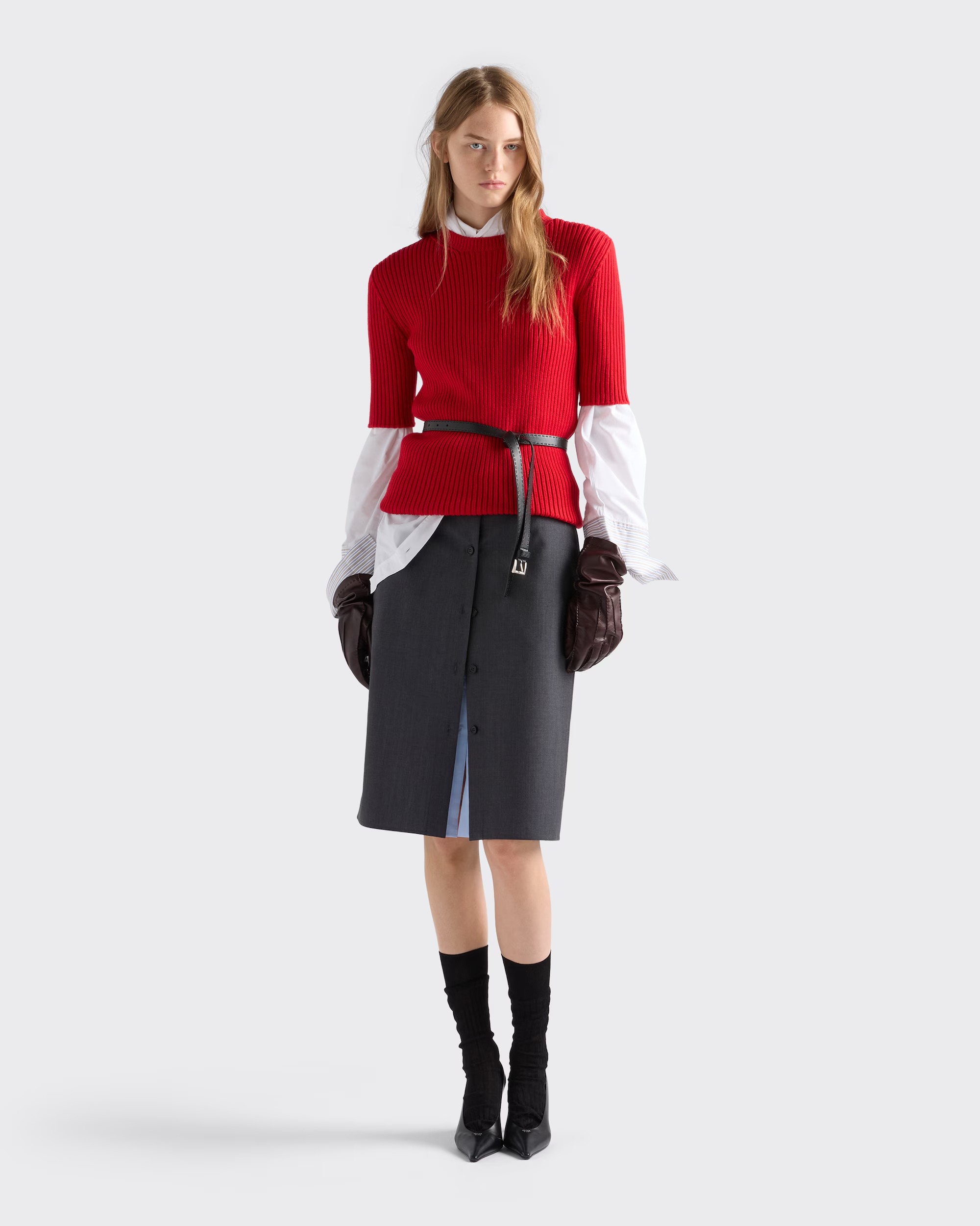 Prada Light mohair and chambray skirt.