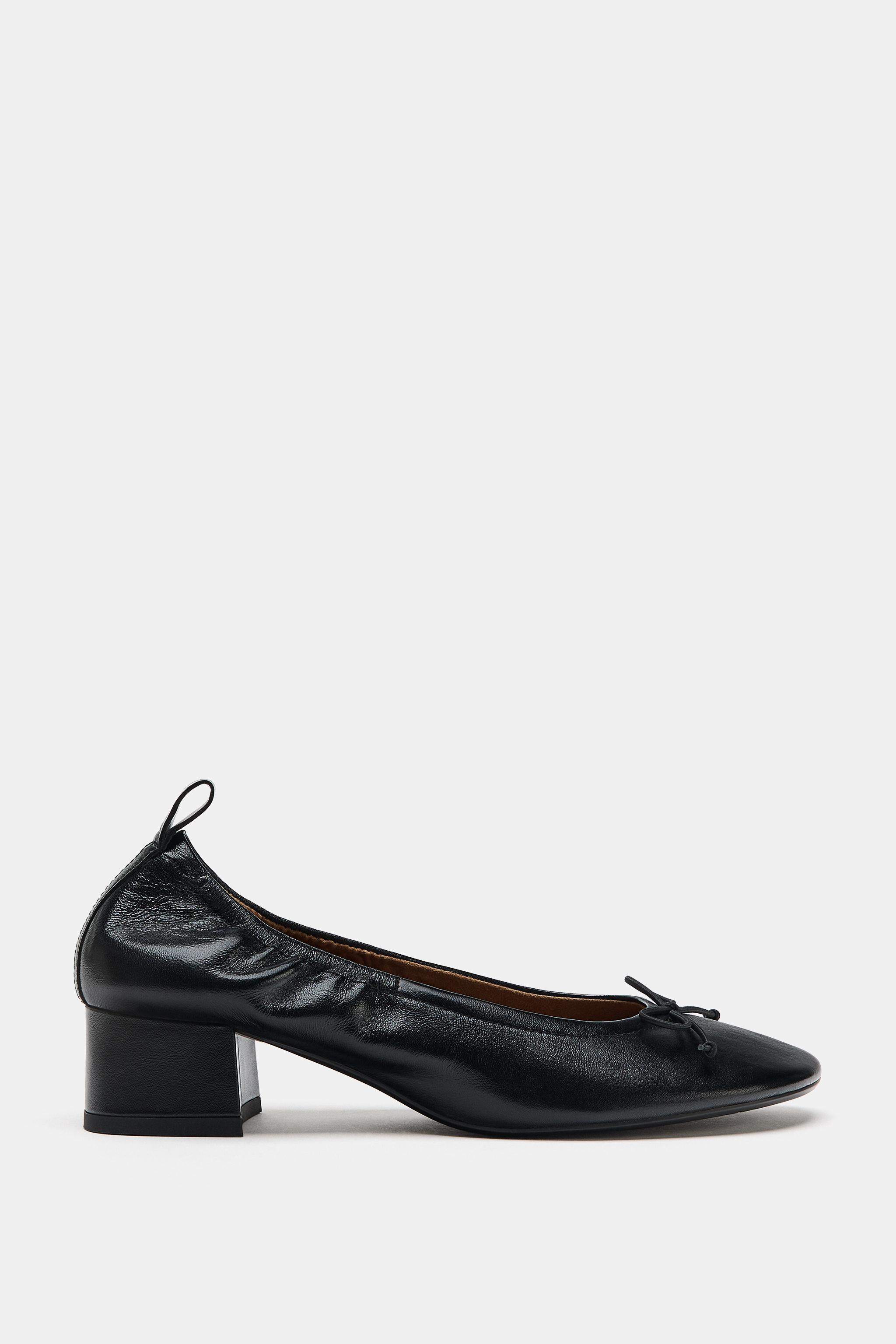 Leather Bow Heeled Ballet Flats - Black - 5
