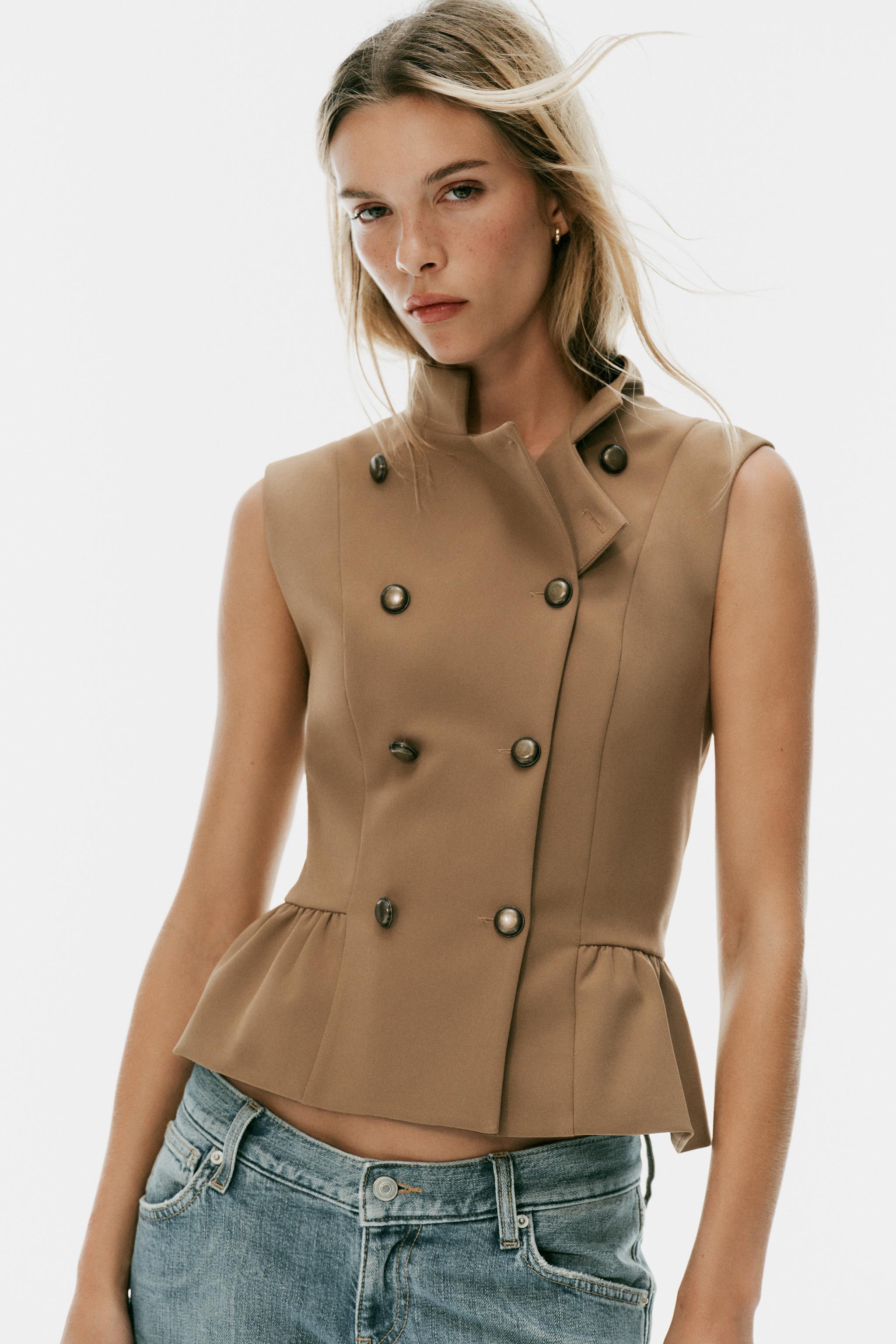 Buttoned Peplum Vest Top - Dark Beige - Xs