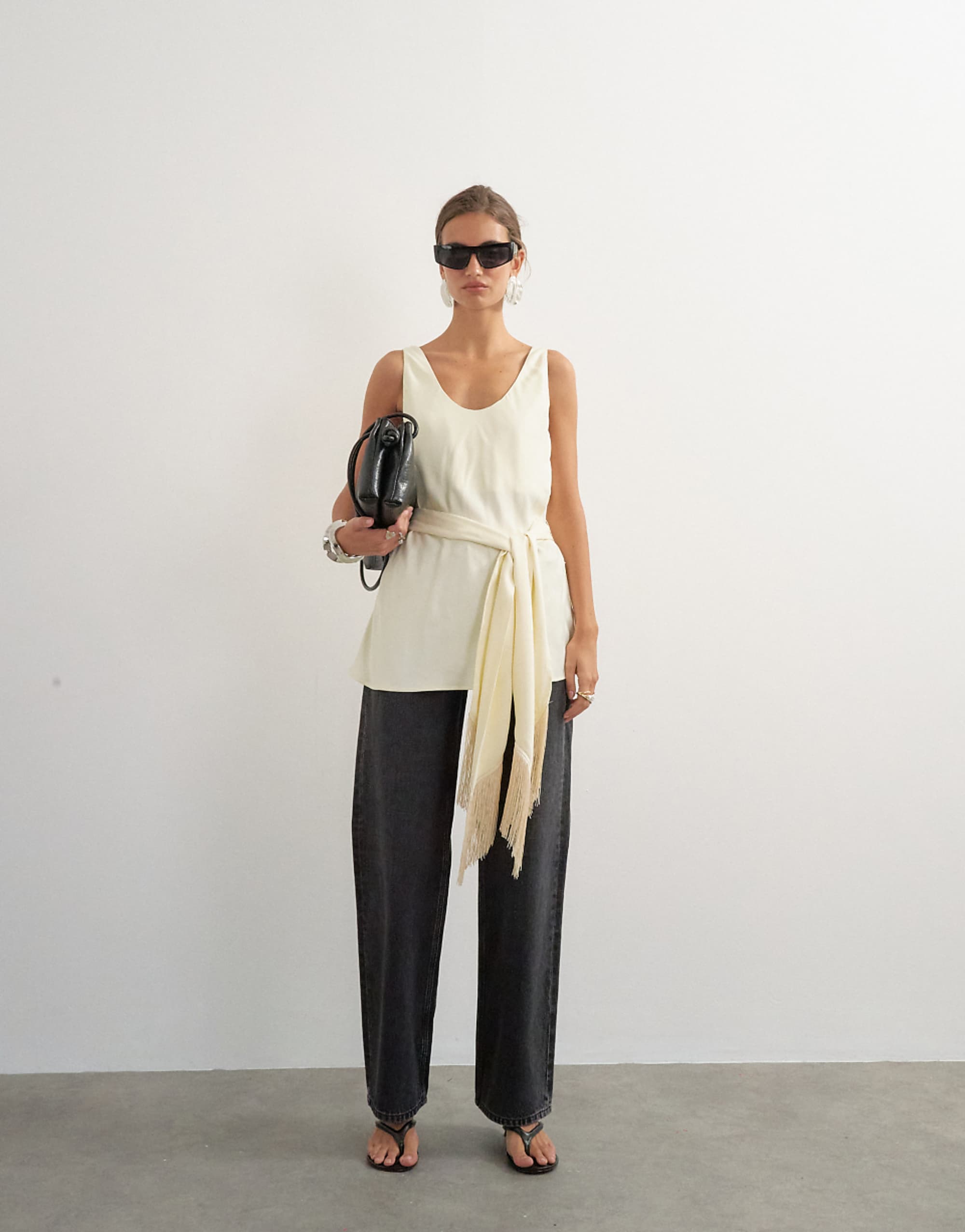 Topshop Satin Scoop Neck Cami With Fringe Detail Tie in Ivory
