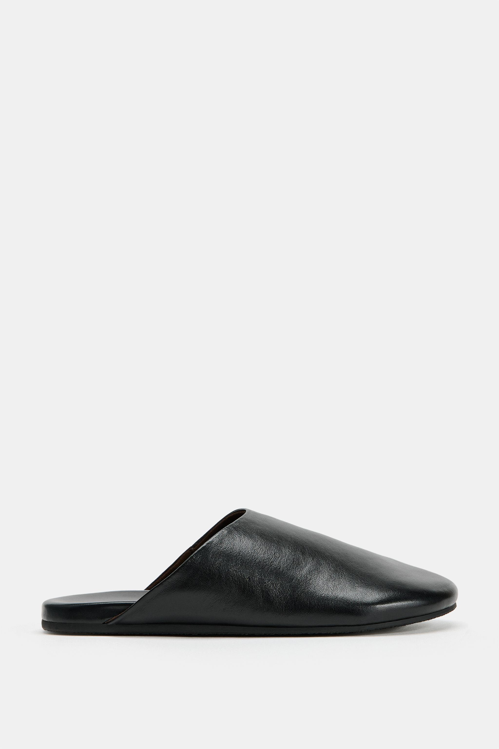 Leather Flat Mules - Black - 5