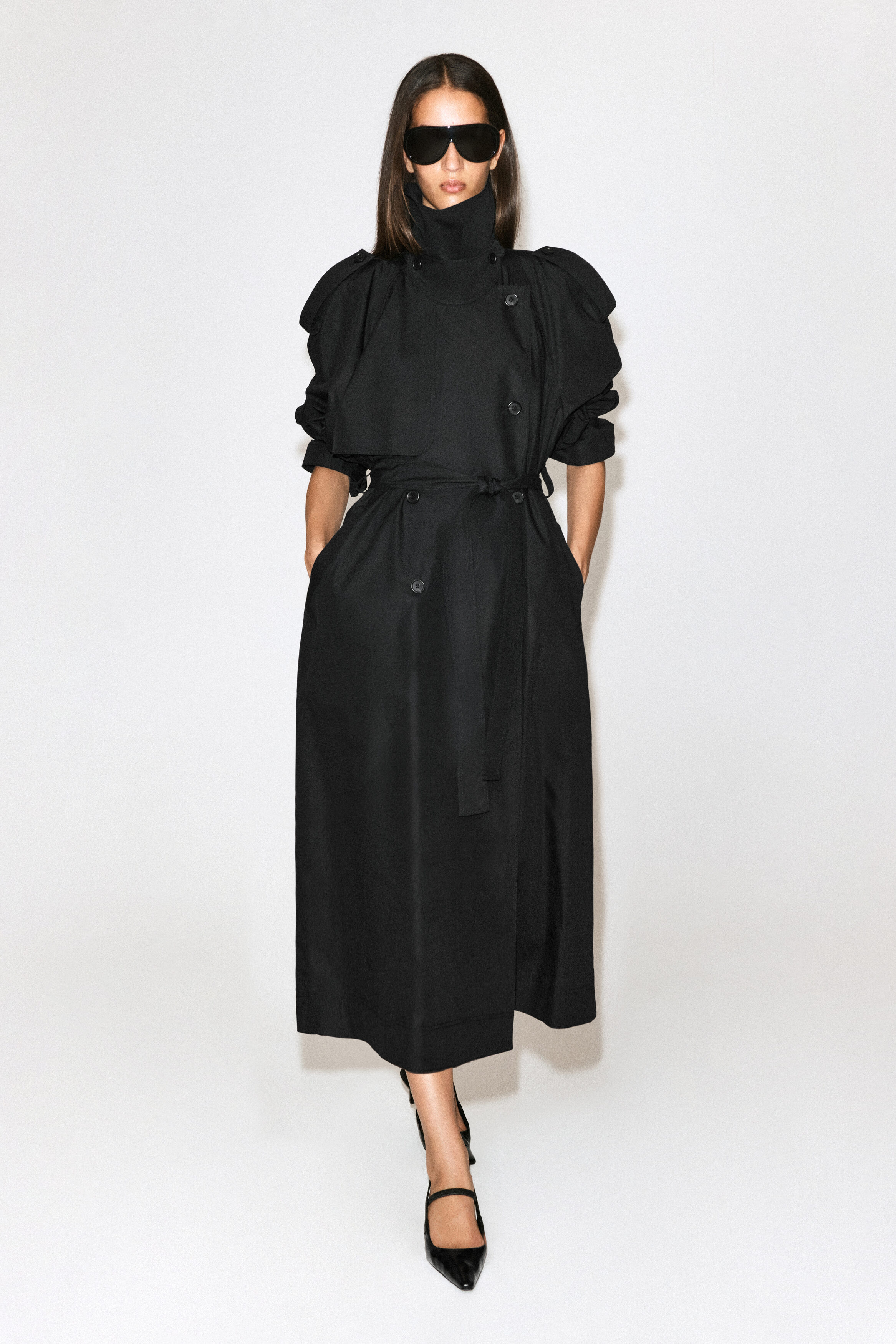 Funnel-Neck Cotton Trench Coat