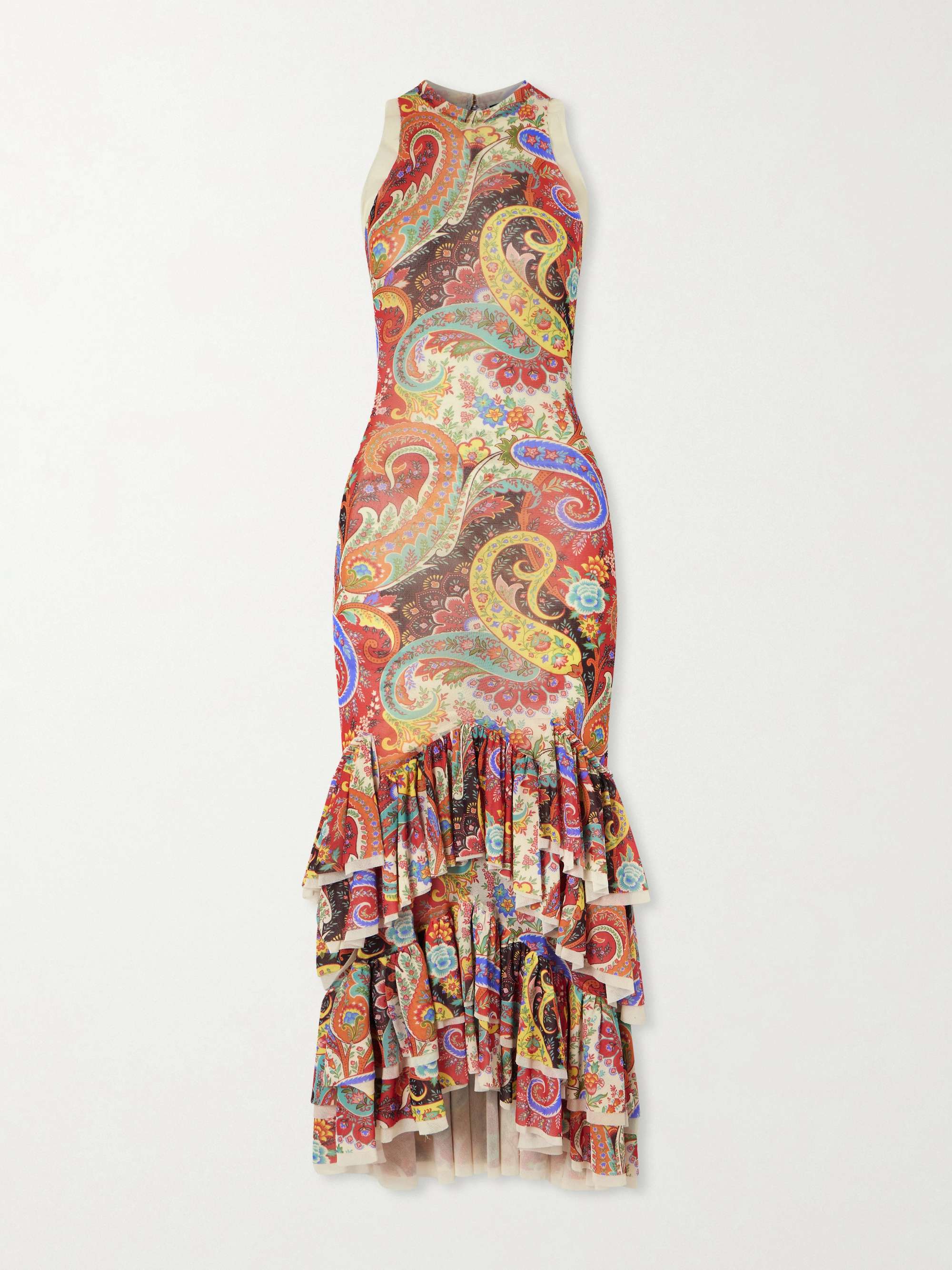 Ruffled Paisley-Print Chiffon Midi Dress