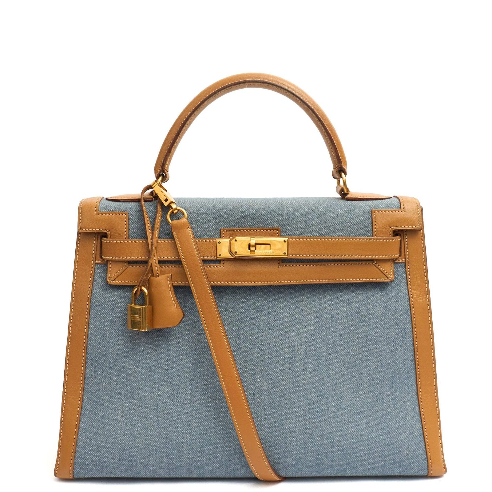 Herm&eacute;s, Hermes Kelly 32 in Blue Denim With Vache Naturelle Leather, Gold Hardware