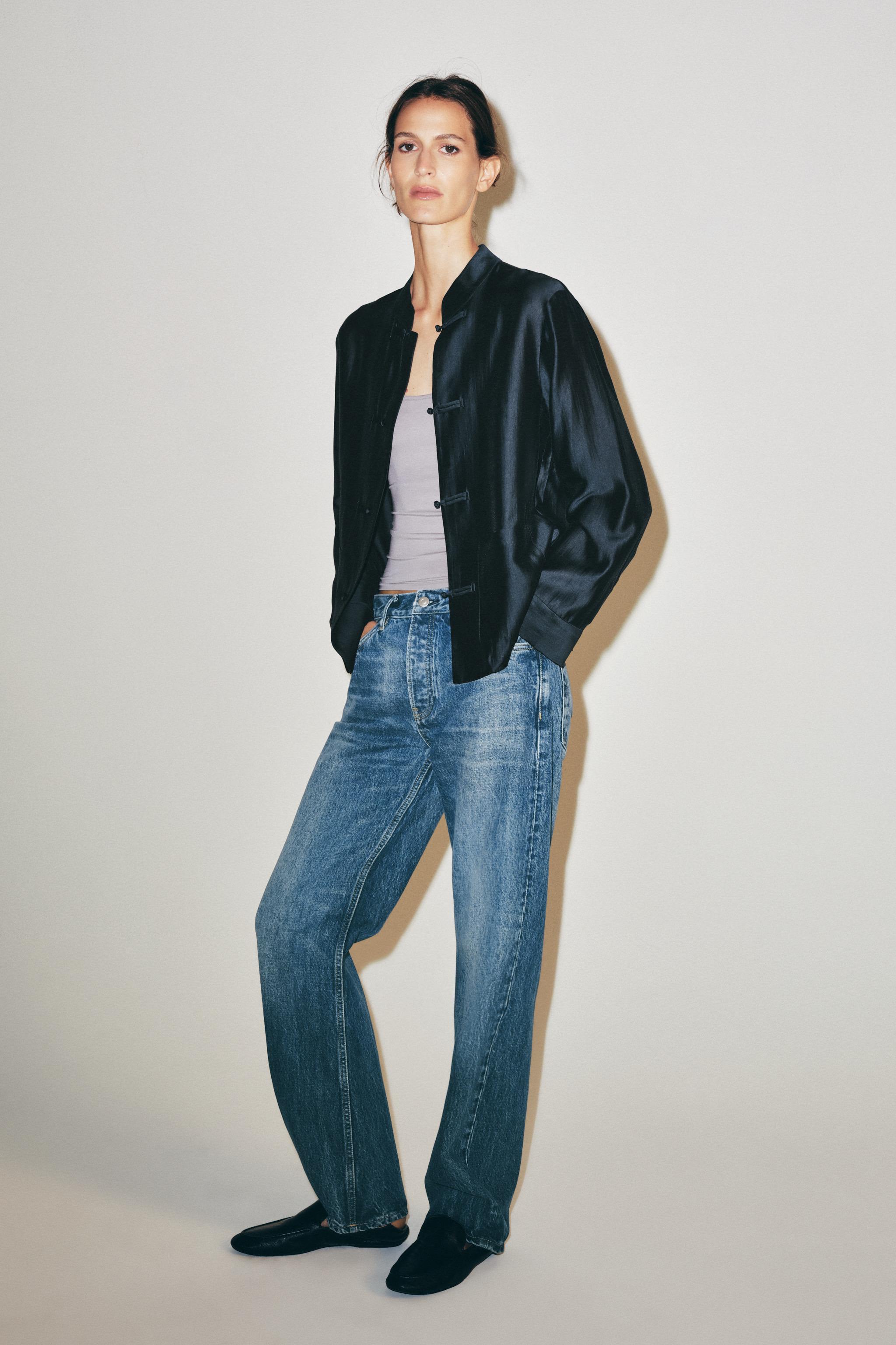Satin Effect Frog Clasp Shirt Zw Collection - Navy Blue - Xs