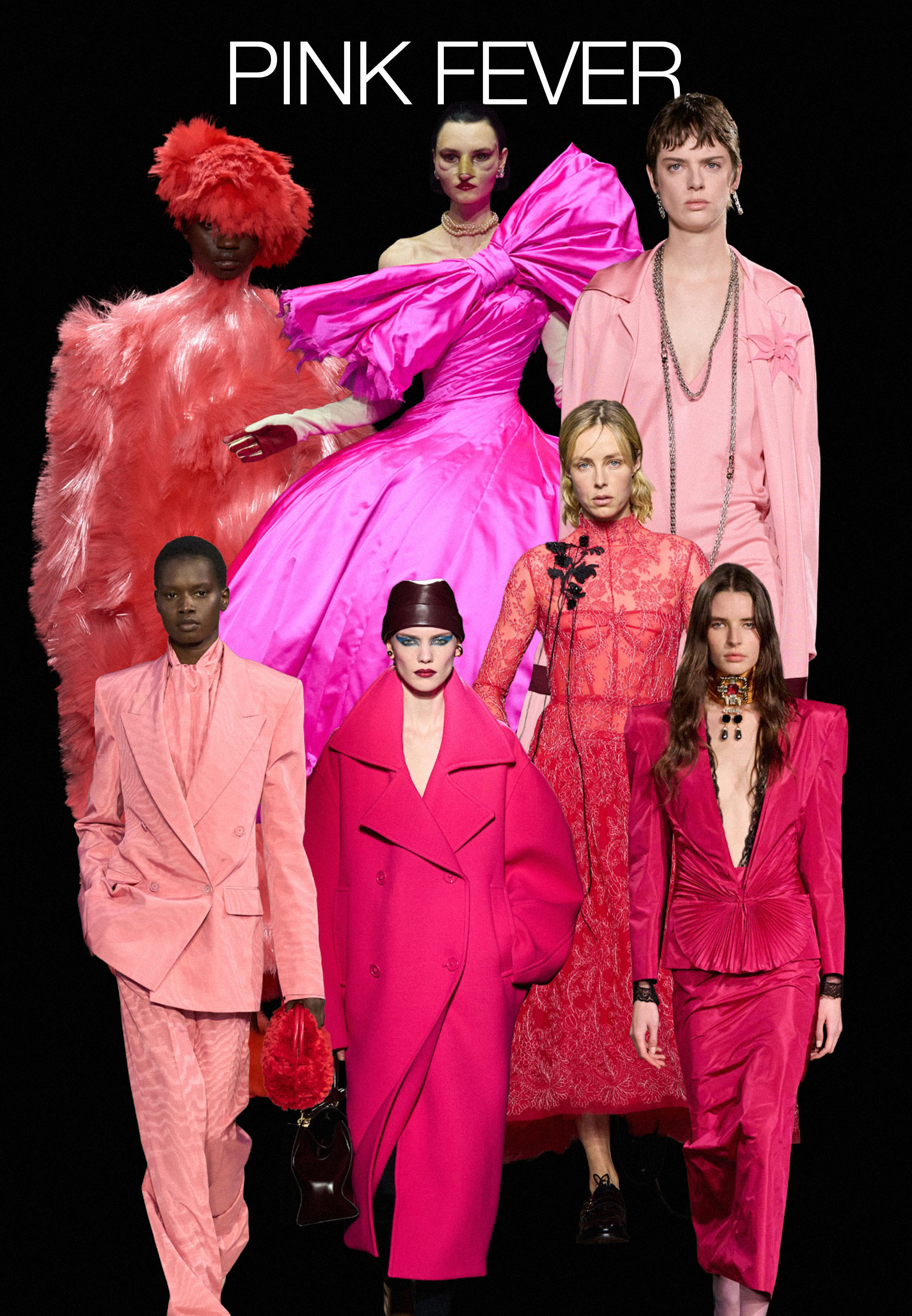 Collage of models on the autumn/winter 2026 runways for Bottega Veneta, Chanel, Erdem, Balenciaga, Matières Fécales, Stella McCartney wearing the pink trend.