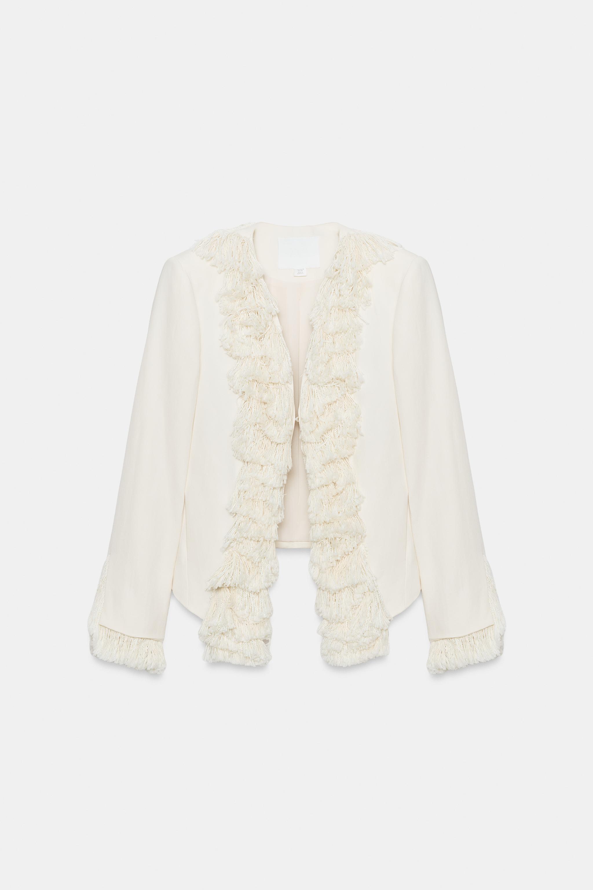 Linen Blend Fringe Jacket Zw Collection - Ecru - Xs