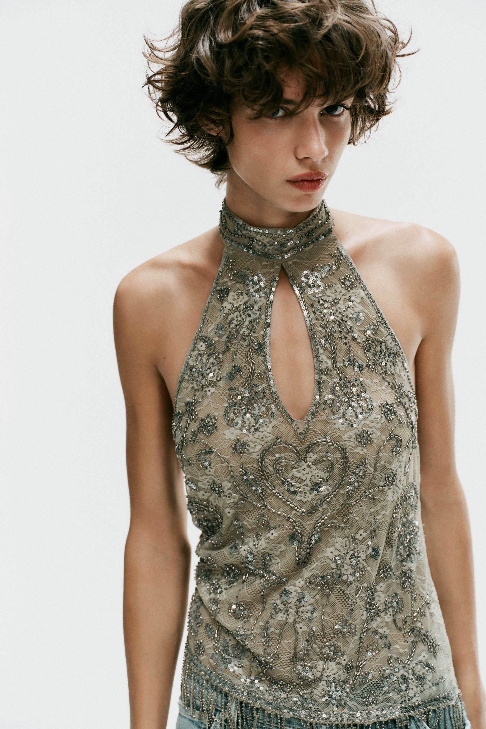 Beaded Halter Top - Dark Khaki - S