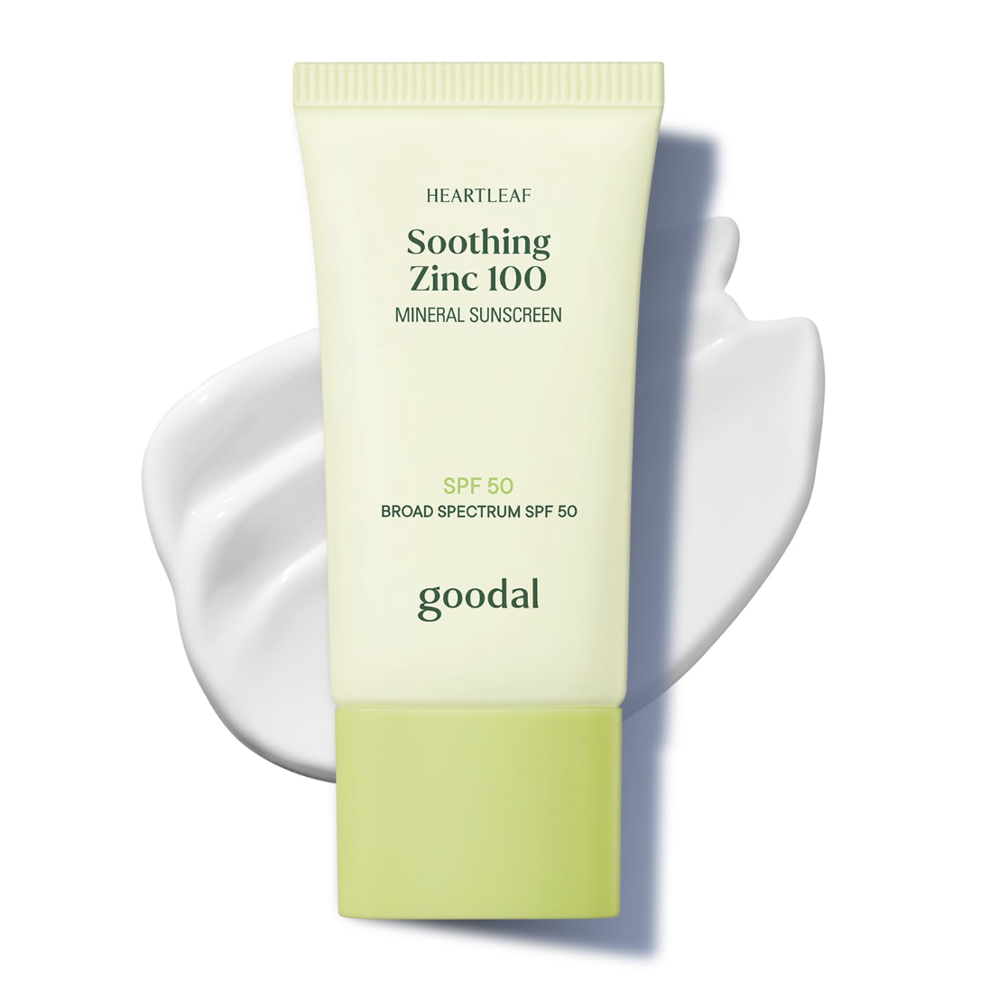 Goodal Heartleaf Soothing Zinc 100 Mineral Sunscreen Spf 50, Zinc Oxide Korean Face Sunscreen for Sensitive & Acne-Prone Skin, No White Cast, Reef-Friendly, Vegan, Korean Skincare, 1.69 Fl Oz