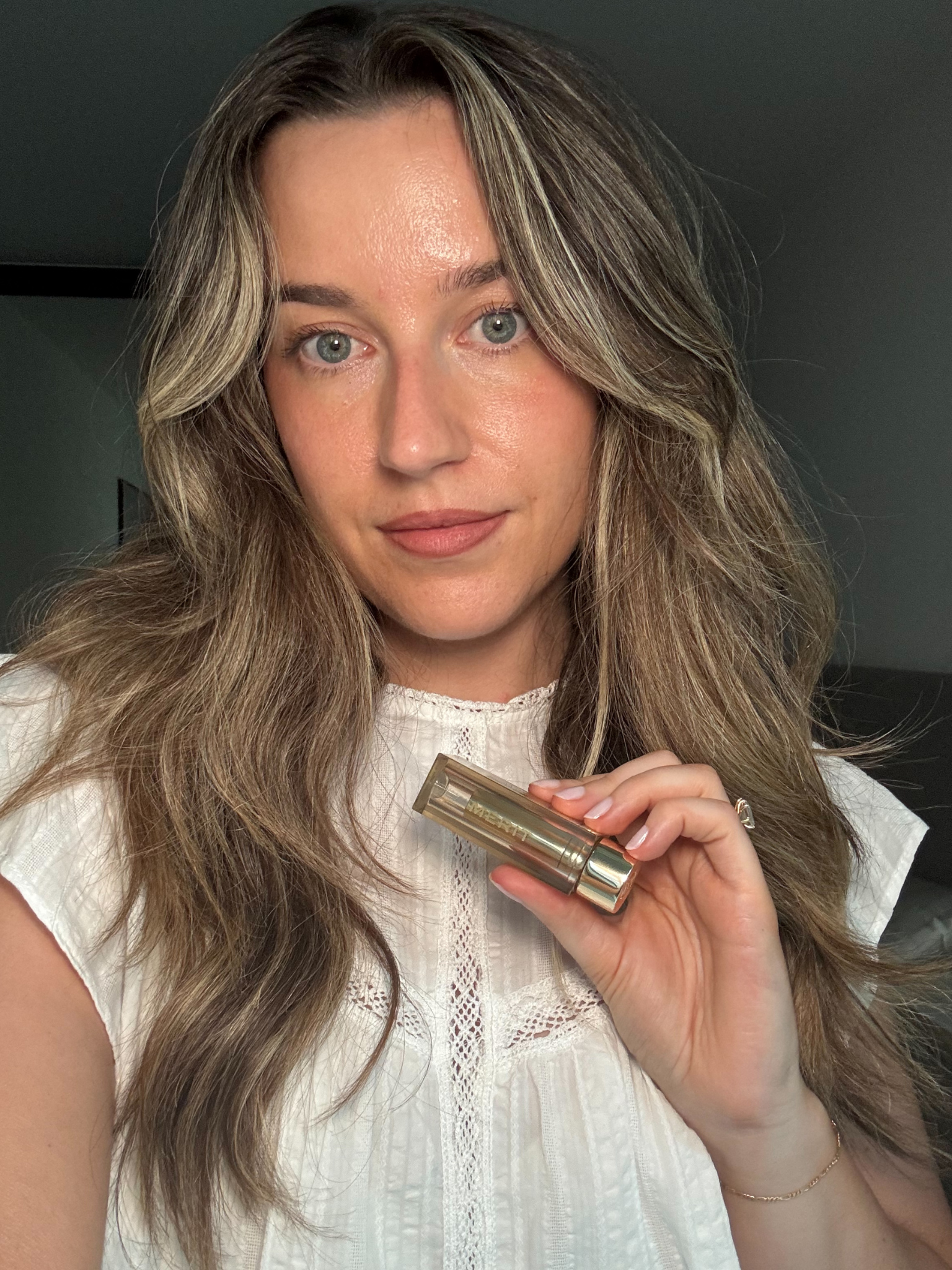 Deputy beauty editor Grace Lindsay wearing Merit's lipstick in Vendome