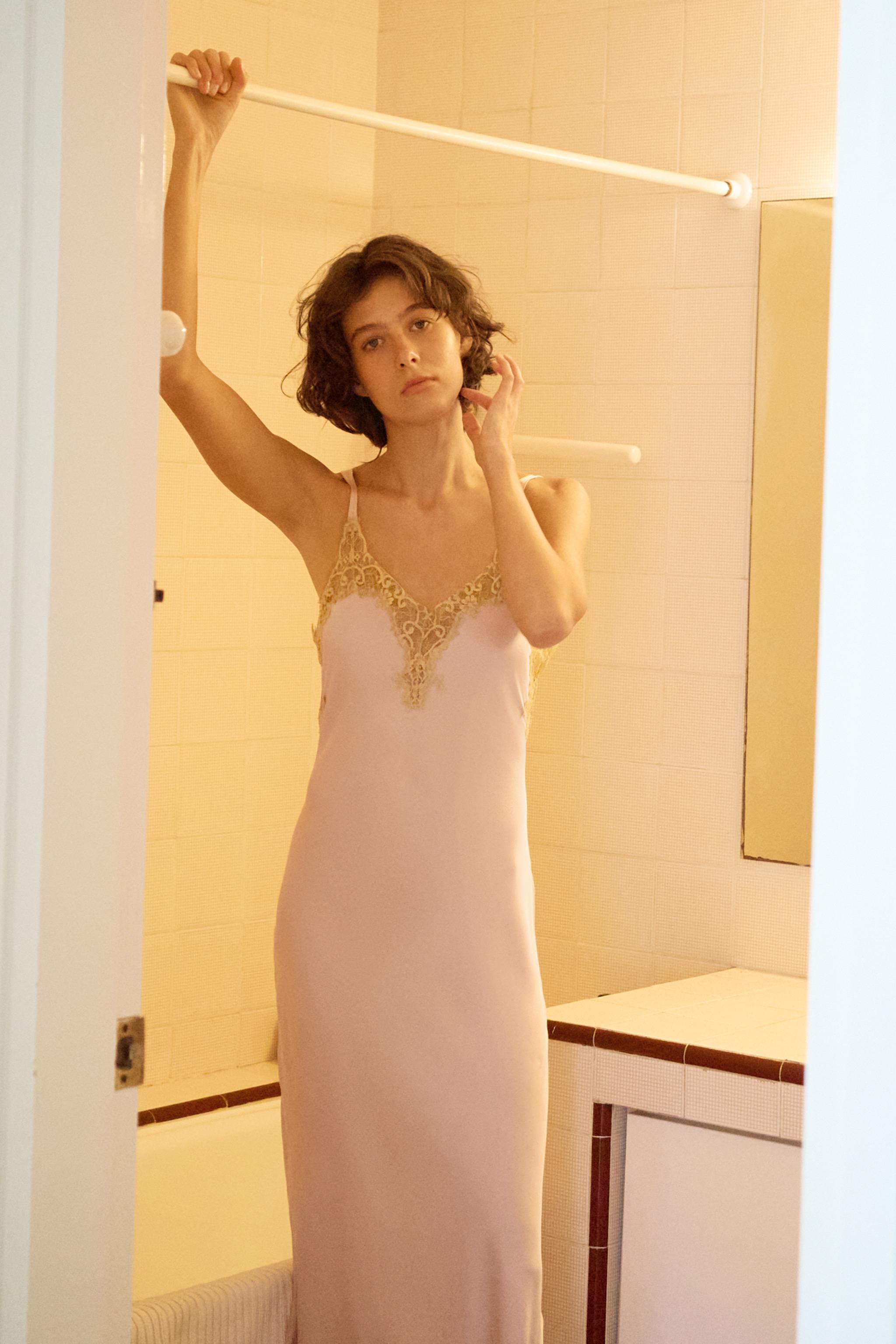 Satin Midi Lace Dress - Pink - Xs