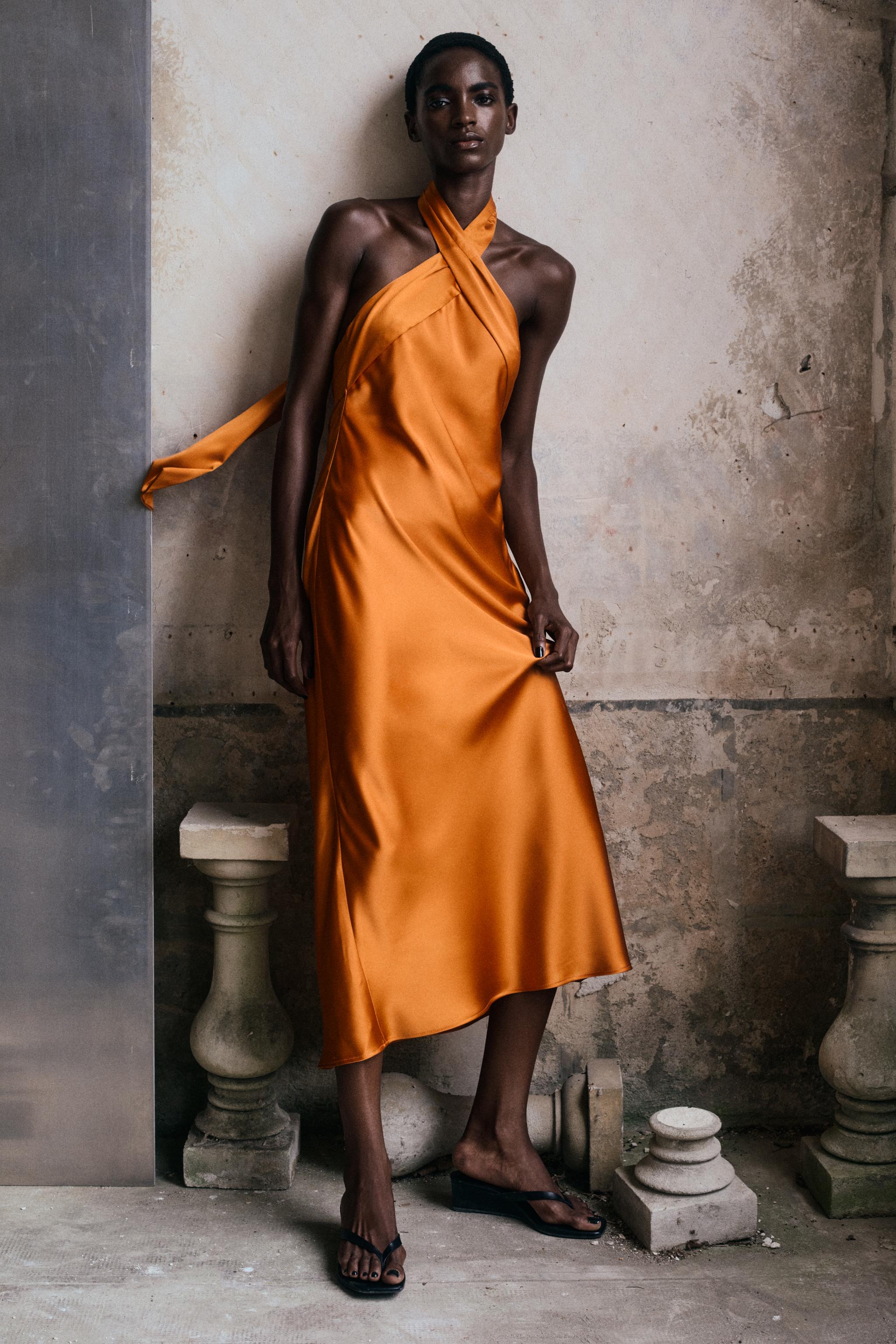 Satin Halter Midi Dress - Orange - Xs
