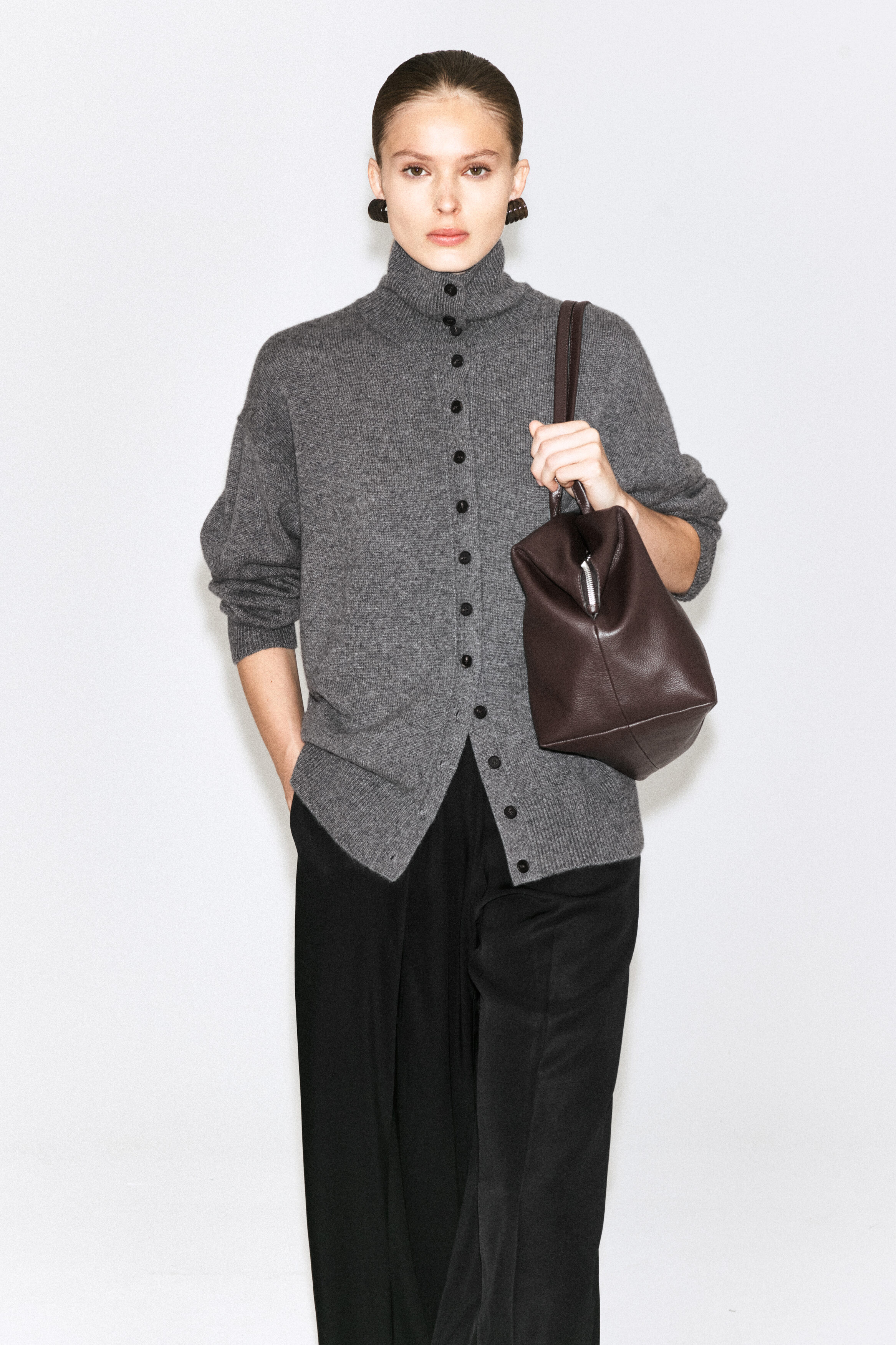 Sculpted Cashmere Funnel-Neck Cardigan