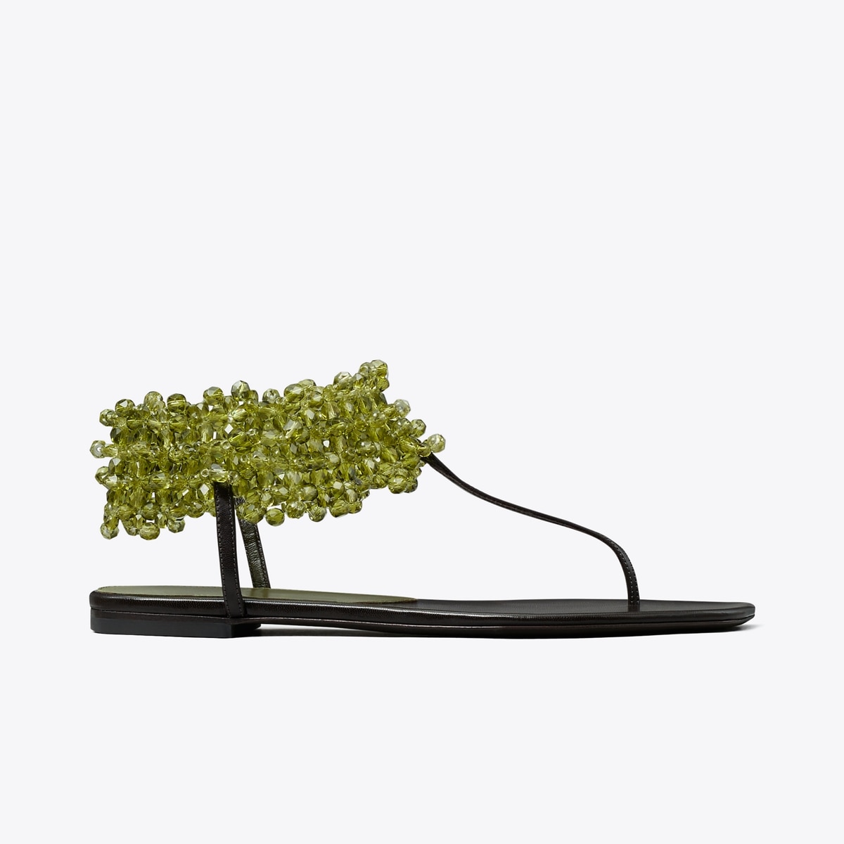 Beaded Flat Sandal in Green, Size 10.5