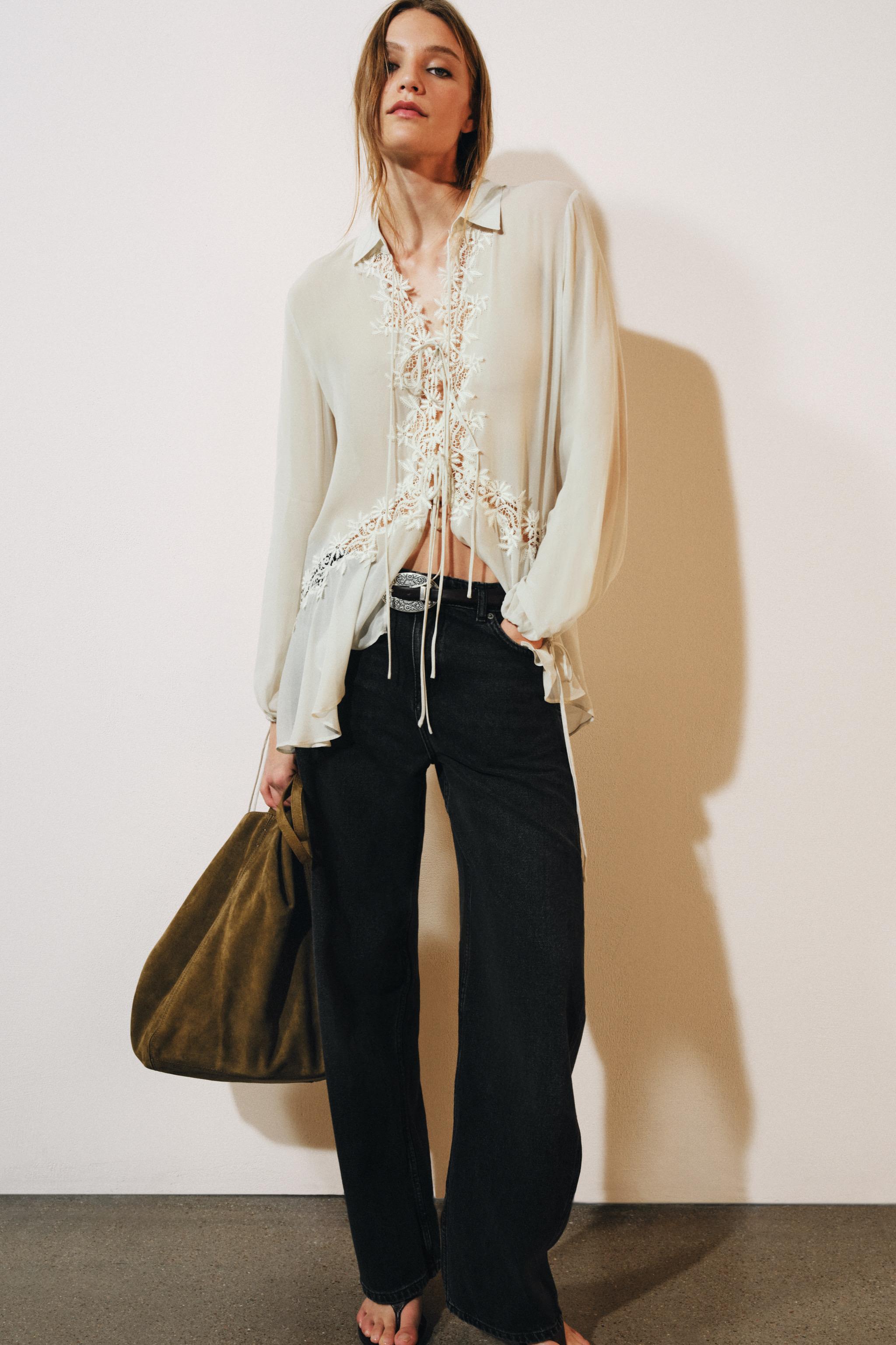 Zw Collection Embroidered Lace Blouse - Blue Grey - Xs