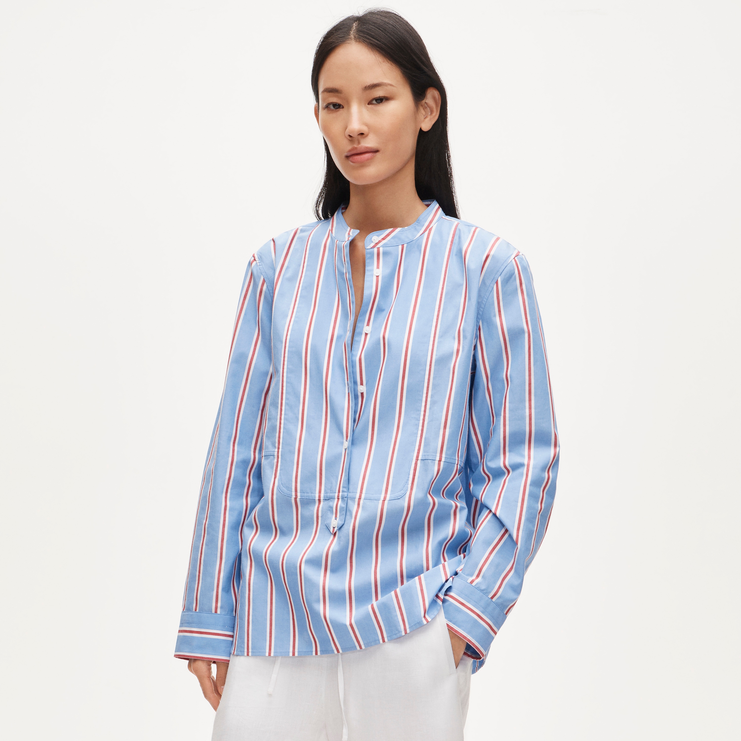 Tuxedo-Bib Button-Up in Striped Cotton Poplin