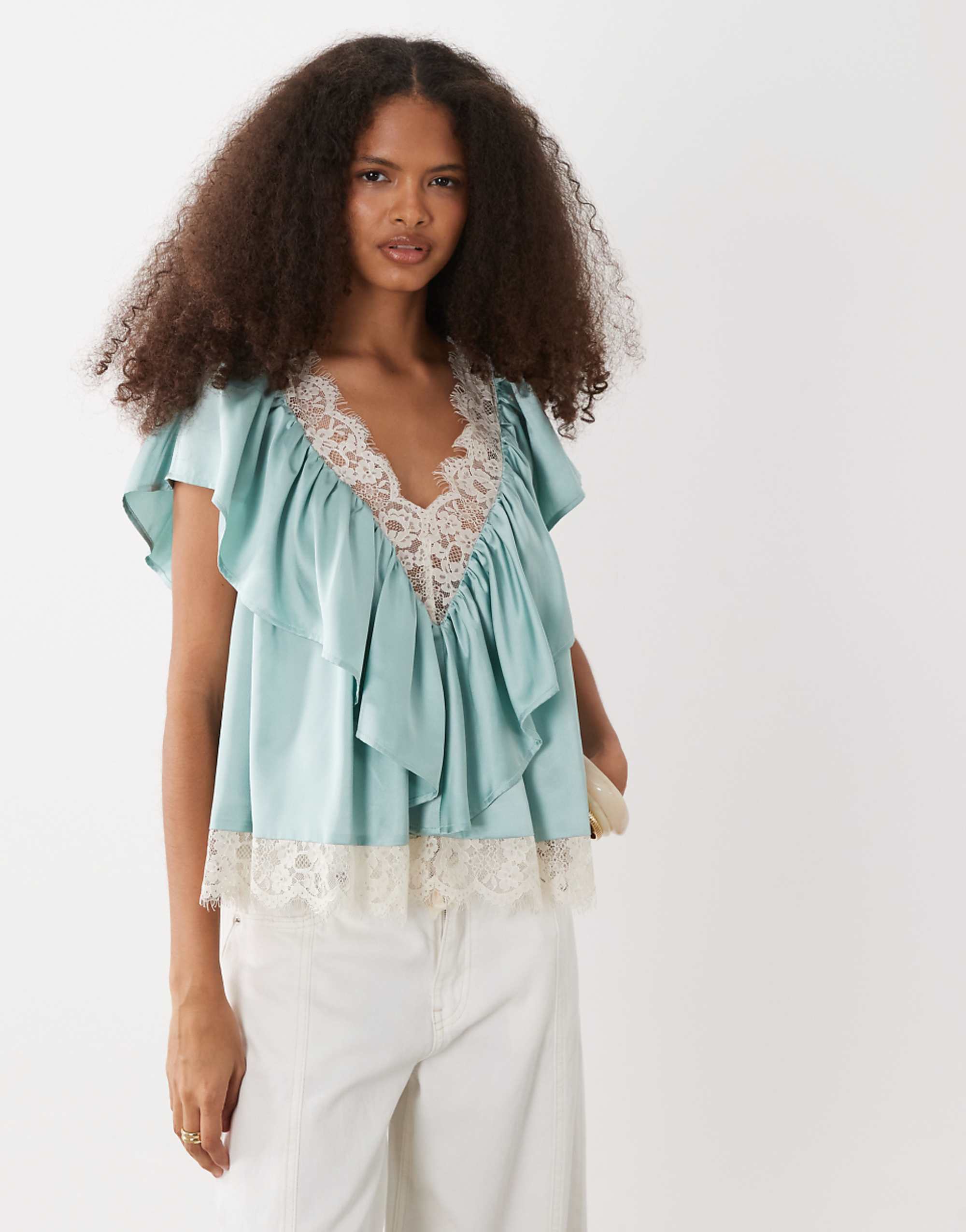Asos Design Lace Insert Satin Tiered Blouse in Surf Spray
