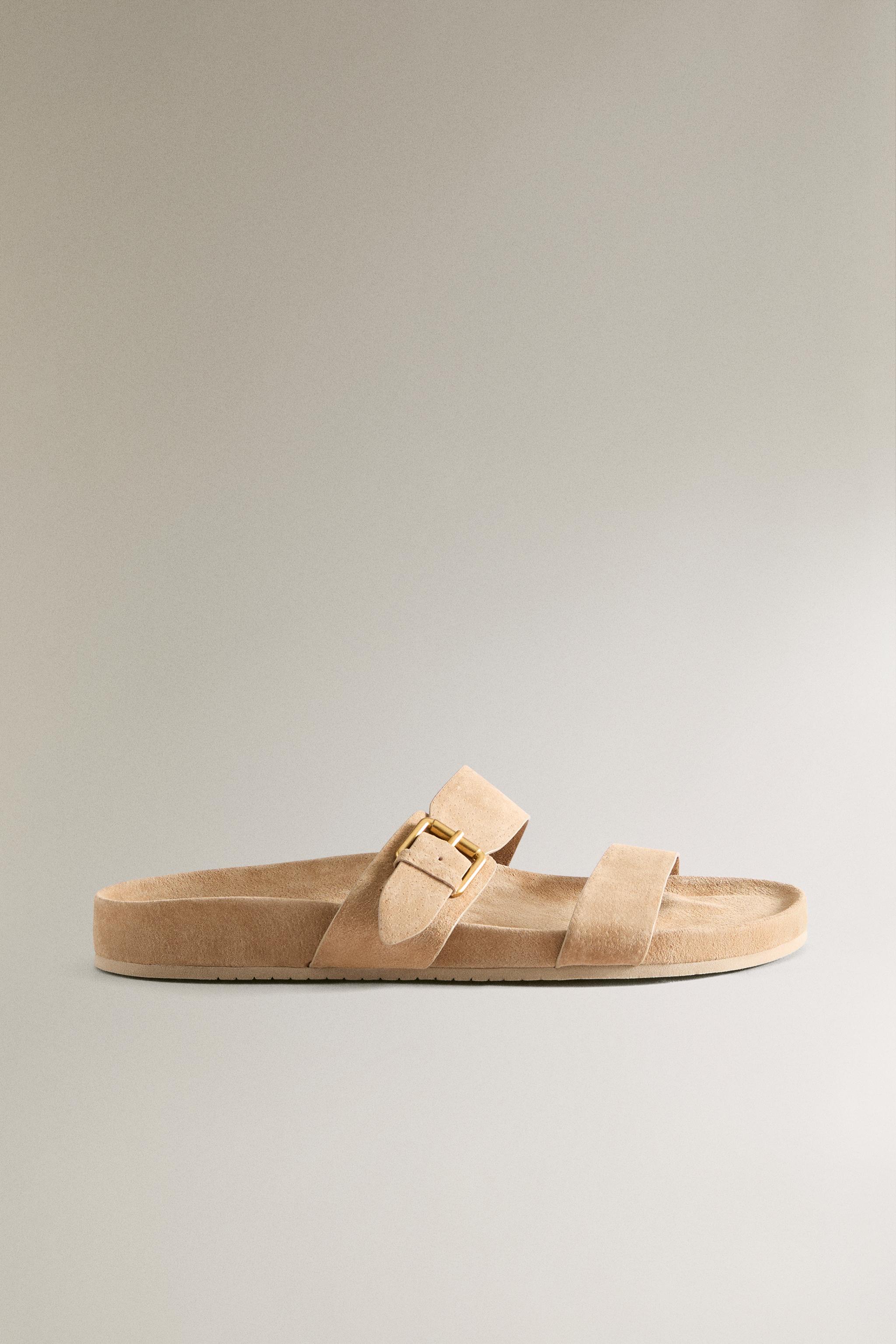 Leather Buckle Sandals - Taupe Gray - 5