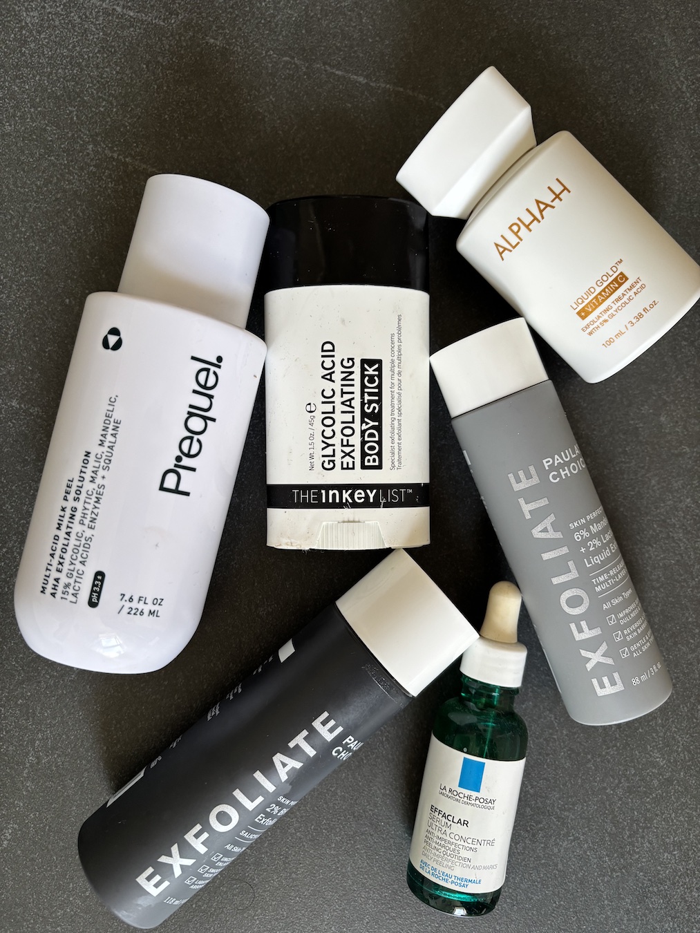 selection of the best exfoliating acids from Prequel, Paula's Choice, The Inkey List, La Roche-Posay and Alpha-H